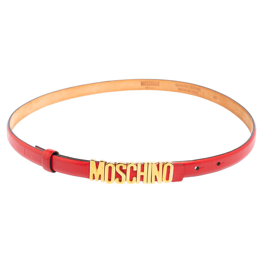 Pre Owned Moschino Red Leather Classic Logo Slim Belt 105 CM