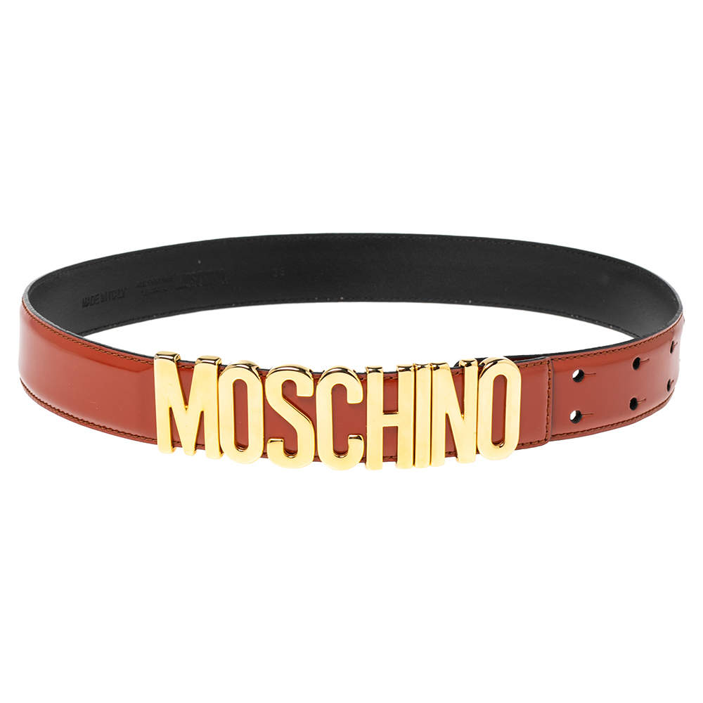Pre Owned Moschino Mahogany Brown Glossy Leather Classic Logo Belt 75CM