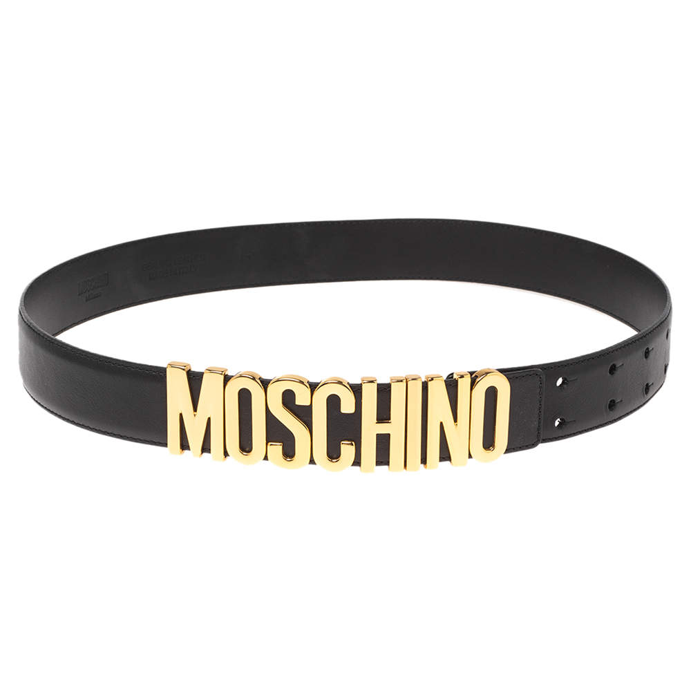 Pre Owned Moschino Black Leather Classic Logo Belt 85CM