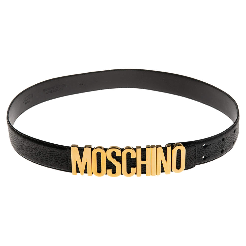 Pre Owned Moschino Black Leather Logo Metal Cut to Size Belt