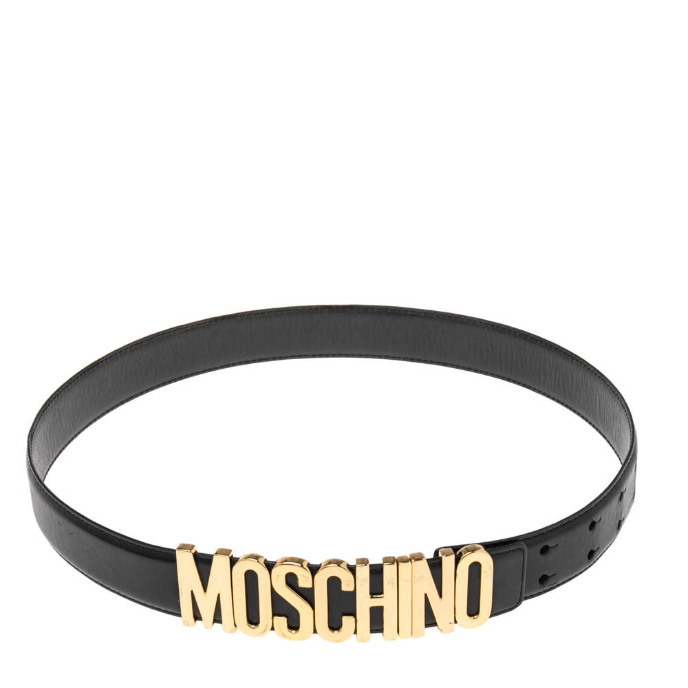 Pre Owned Moschino Black Leather Classic Logo Belt 85CM