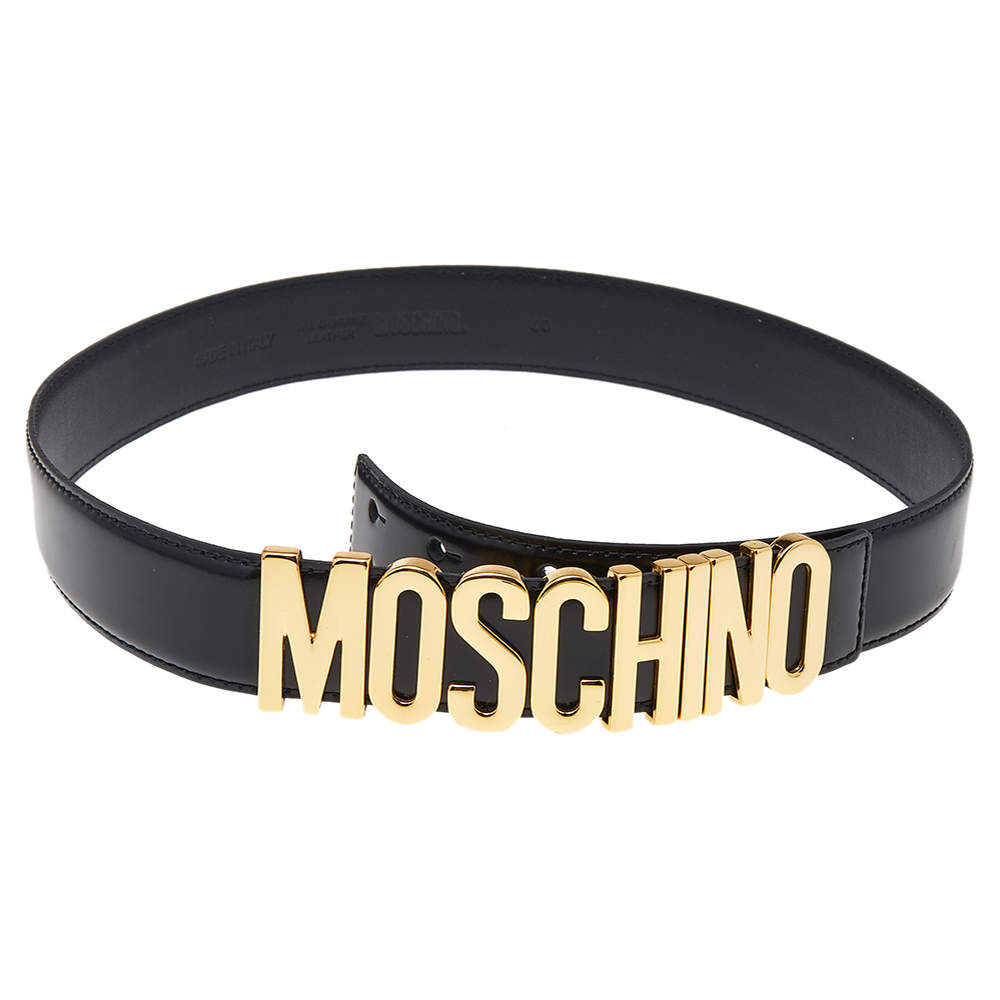 Pre Owned Moschino Black Glossy Leather Classic Logo Belt 85CM