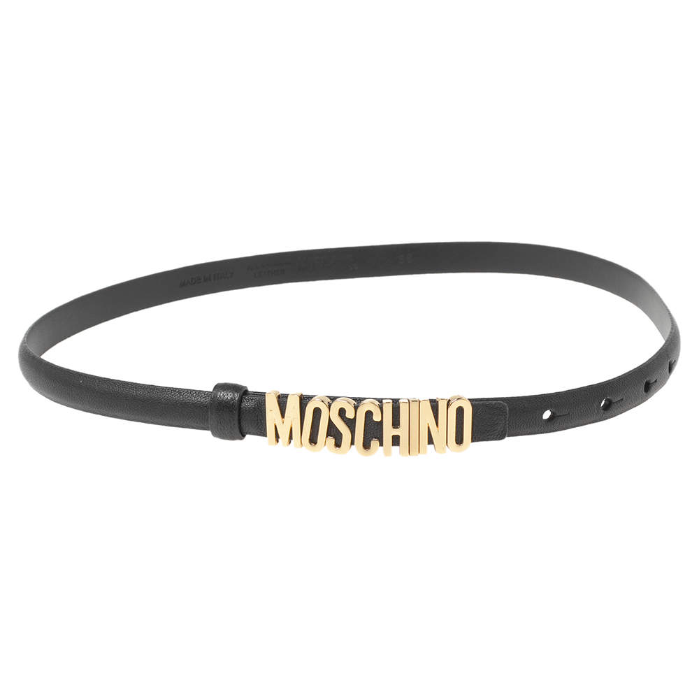 Pre Owned Moschino Black Leather Logo Slim Waist Belt 75CM