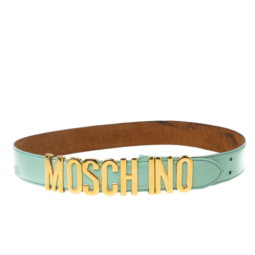 Moschino Celeste Patent Leather Logo Belt 