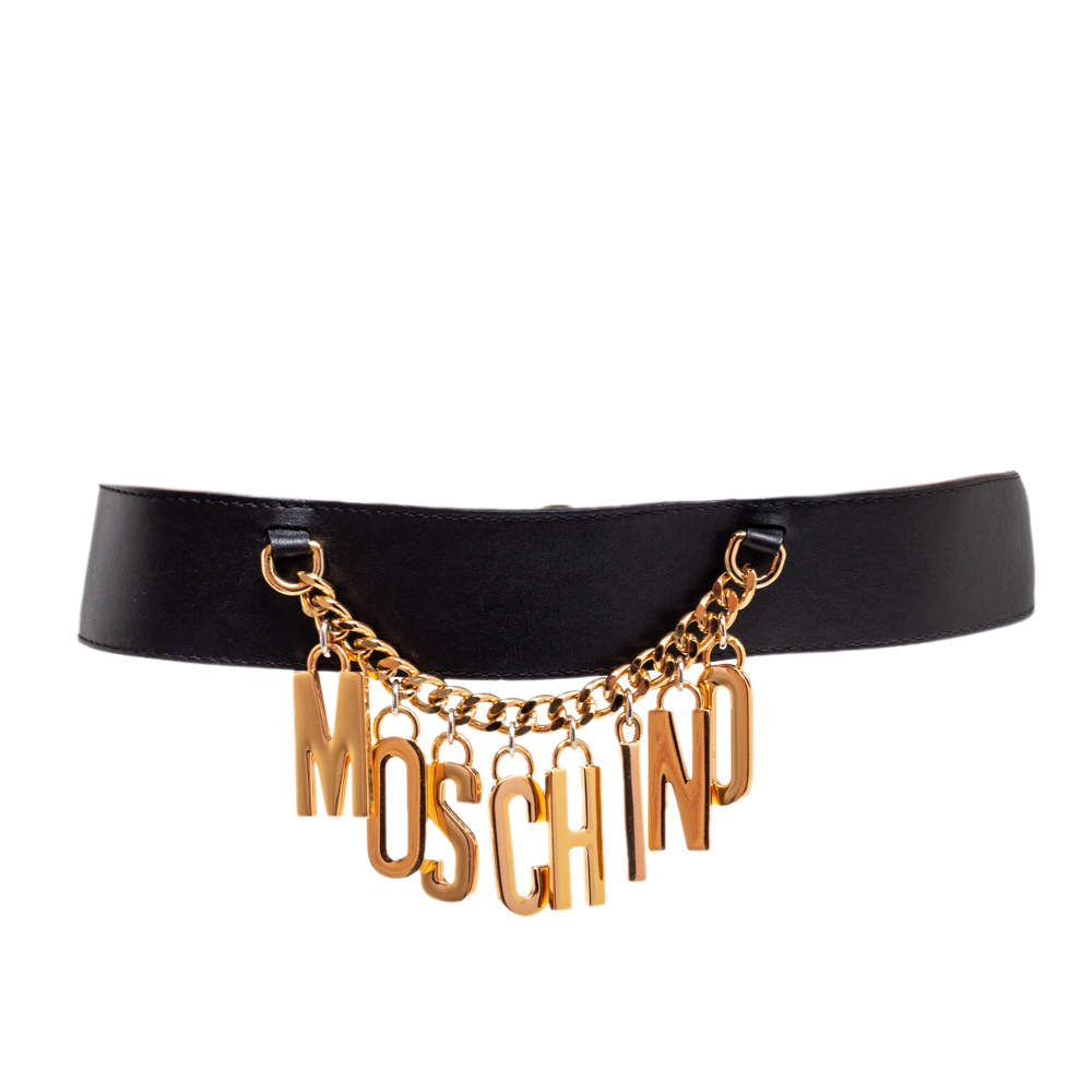 Pre Owned Moschino Black Leather Logo Charm Waist Belt