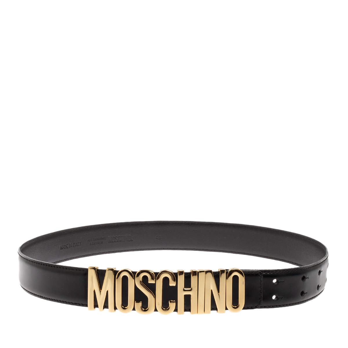 Pre Owned Moschino Black Leather Logo Belt