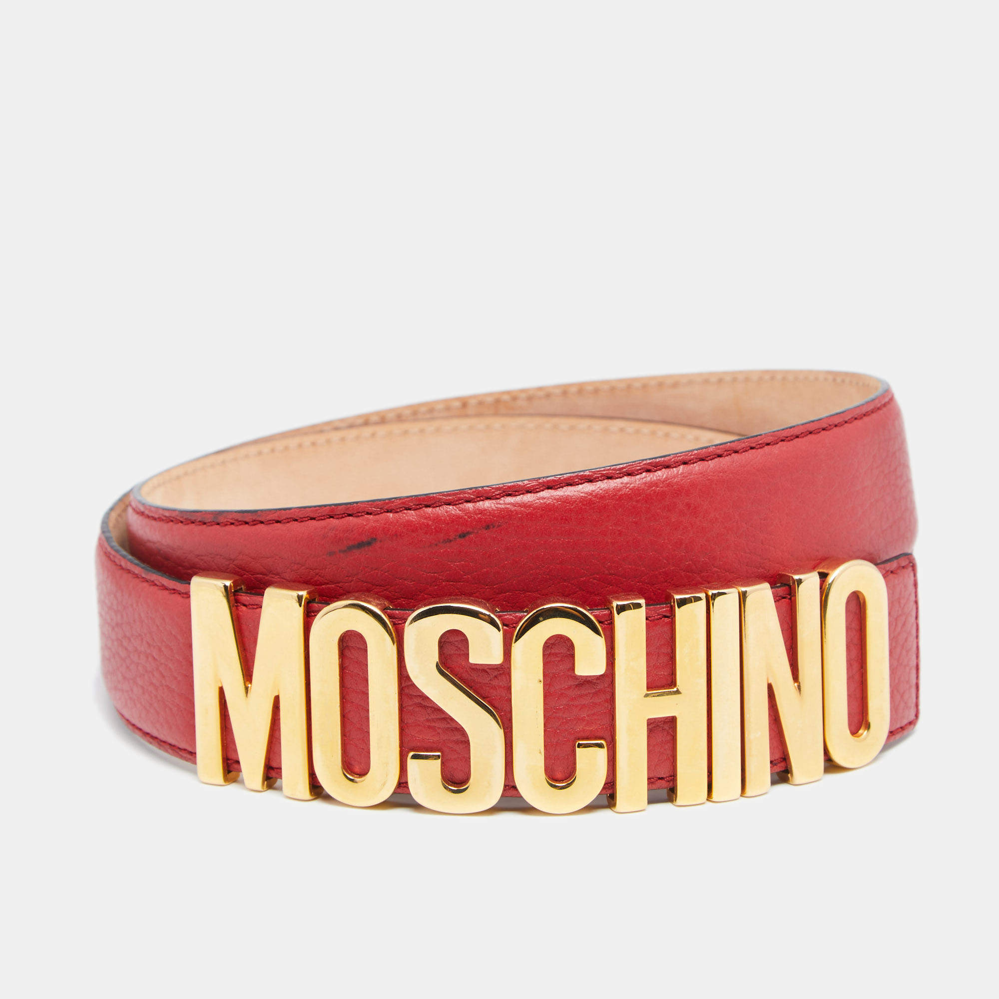 Pre Owned Moschino Red Leather Classic Logo Belt 95CM