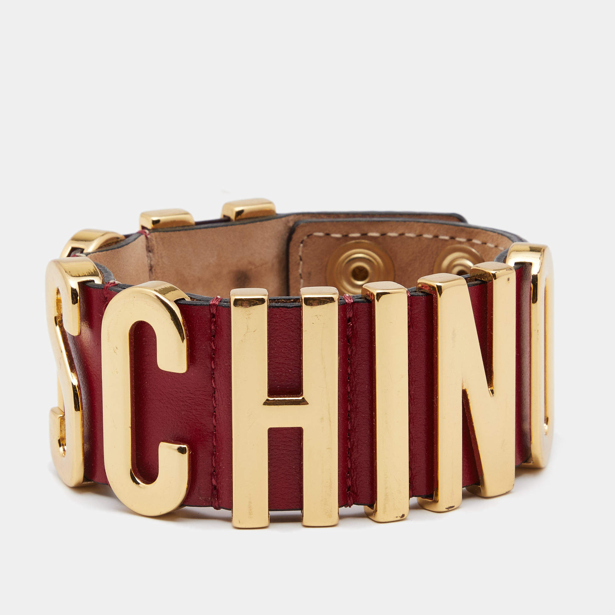 Moschino Logo Plaque Red Leather Gold Tone Metal Cuff Bracelet