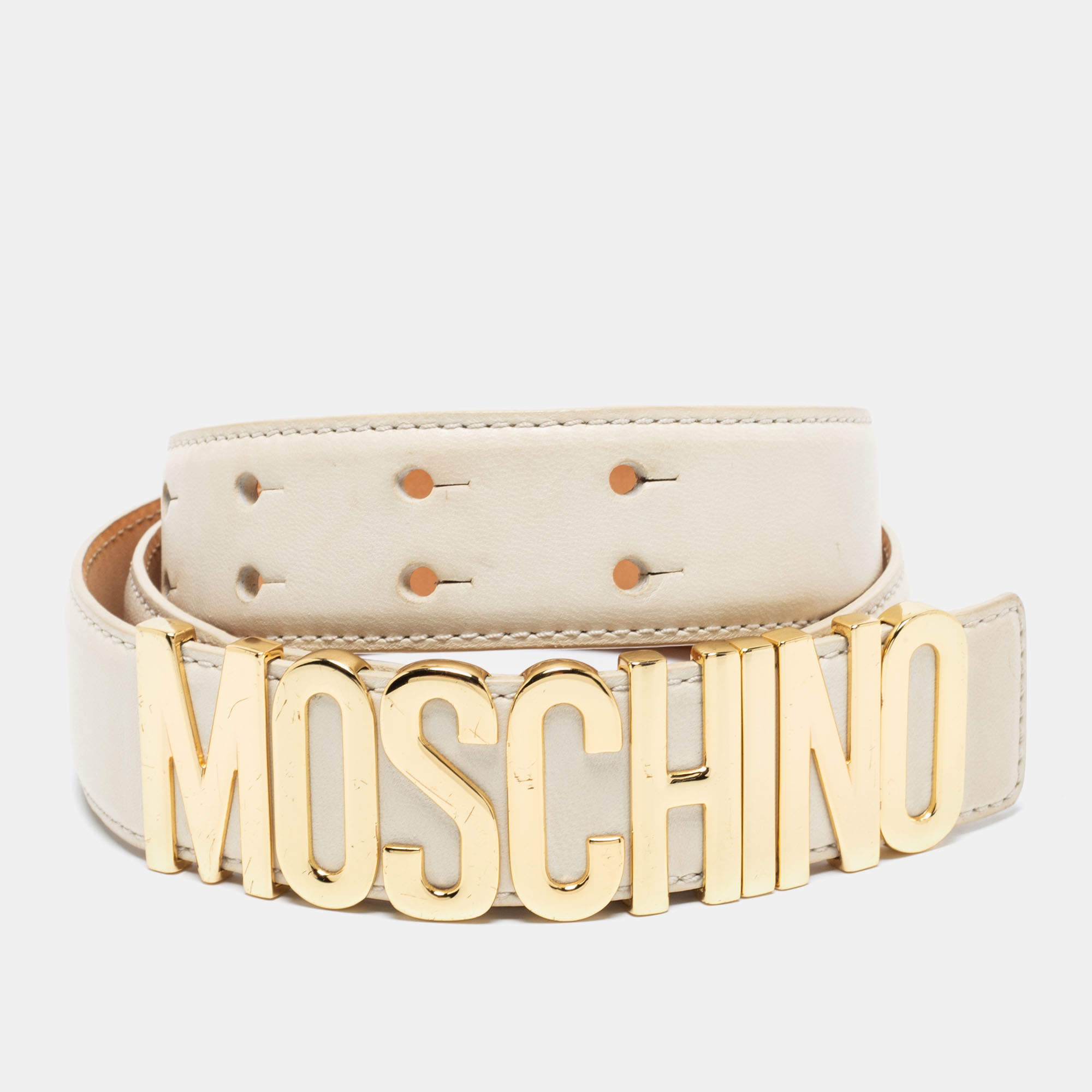 Pre Owned Moschino Cream Leather Classic Logo Belt 100 CM