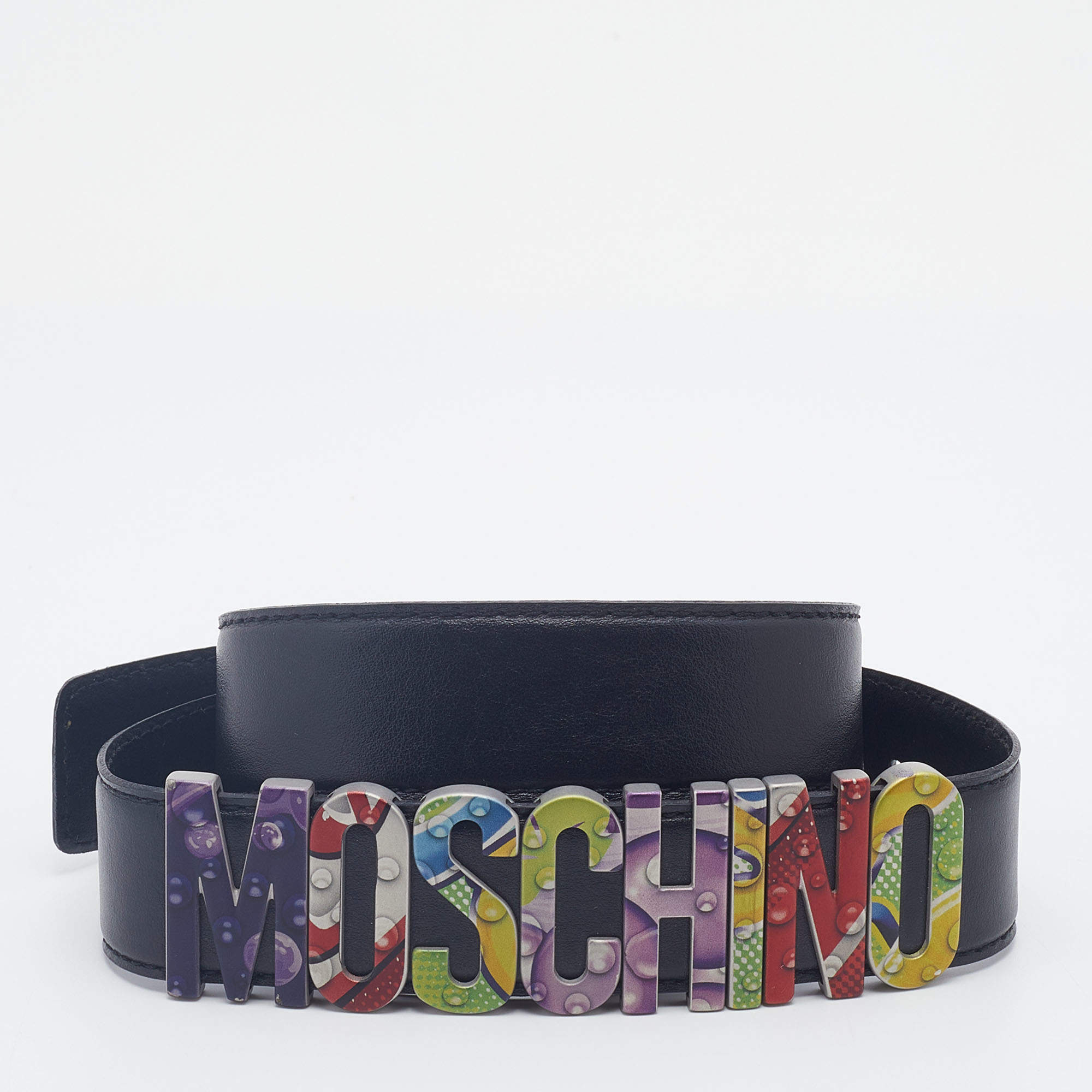 Pre Owned Moschino Black Leather Multicolor Logo Lettering Belt 95CM
