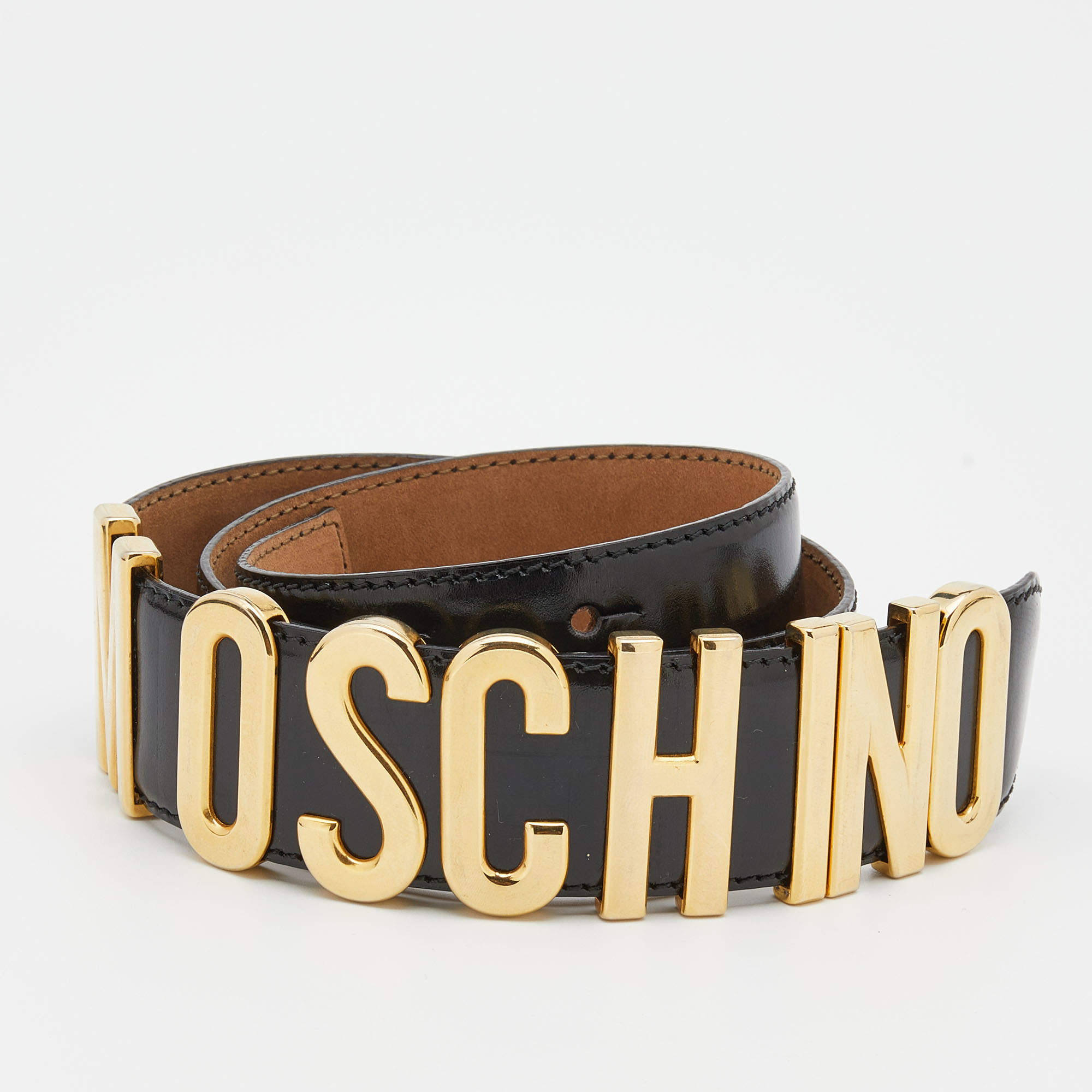 Pre Owned Moschino Black Leather Logo Plaque Belt