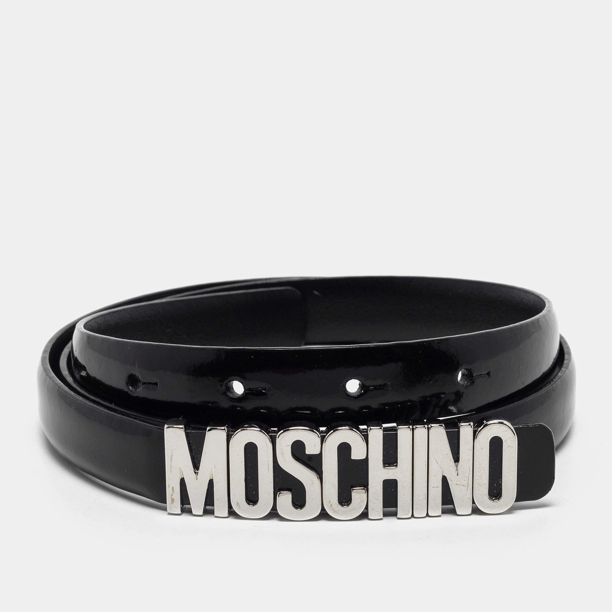 Pre Owned Moschino Black Leather Classic Logo Slim Belt 95 CM