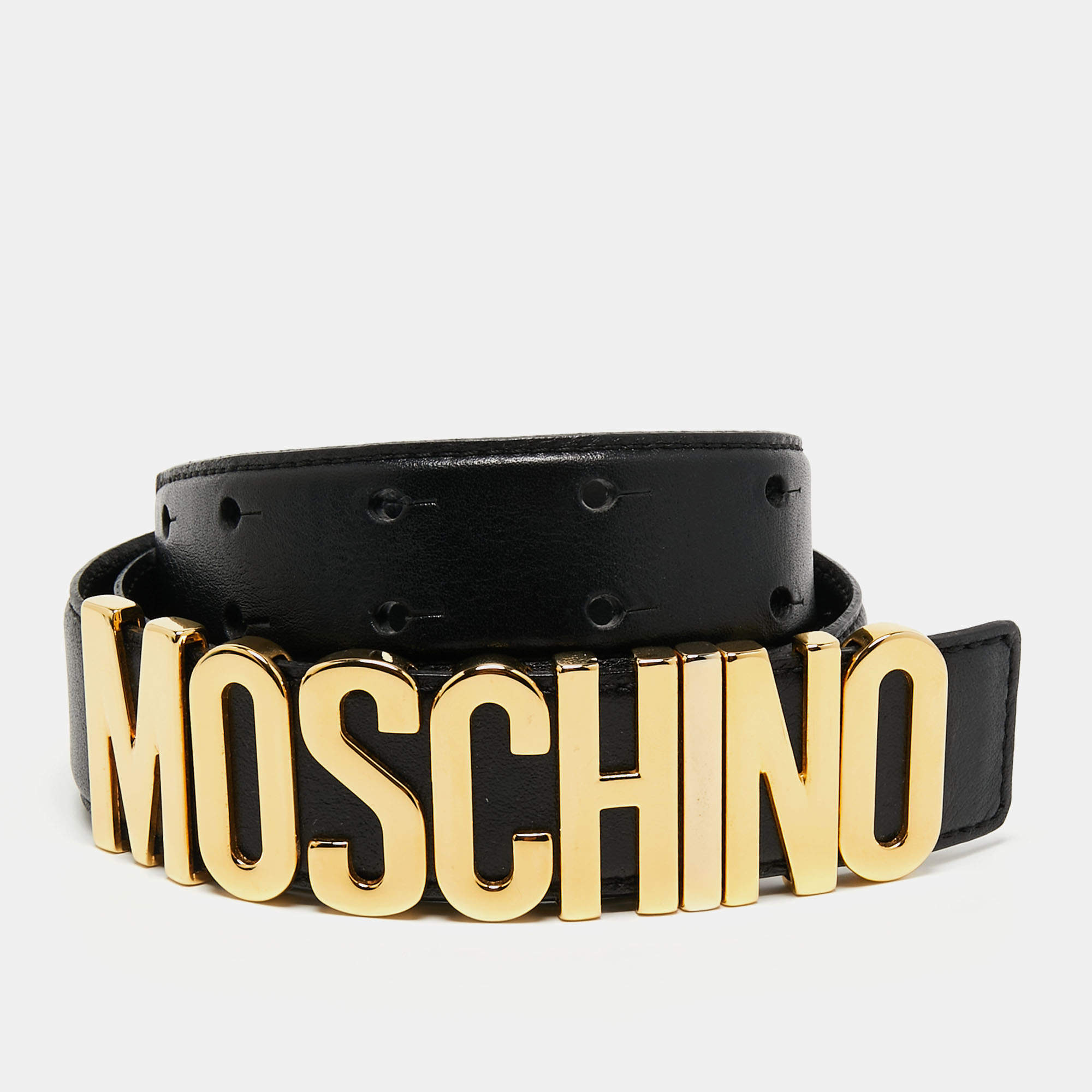 Pre Owned Moschino Black Leather Classic Logo Belt 85 CM