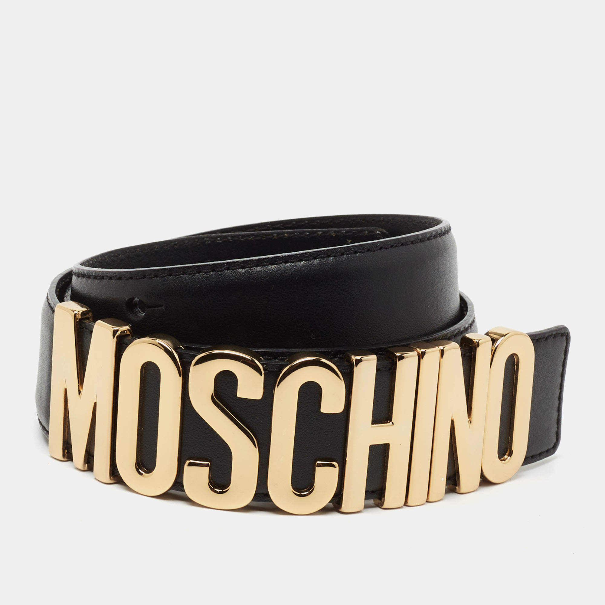 Pre Owned Moschino Black Leather Logo Belt