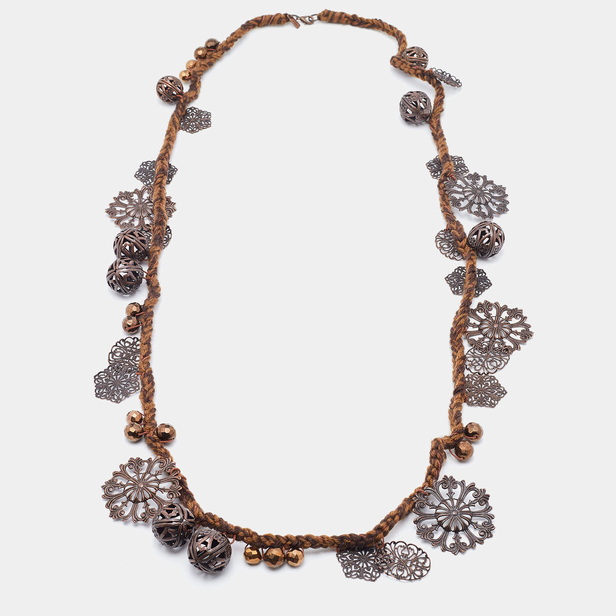 Pre Owned Moschino Brown Braided Charm Detail Long Necklace