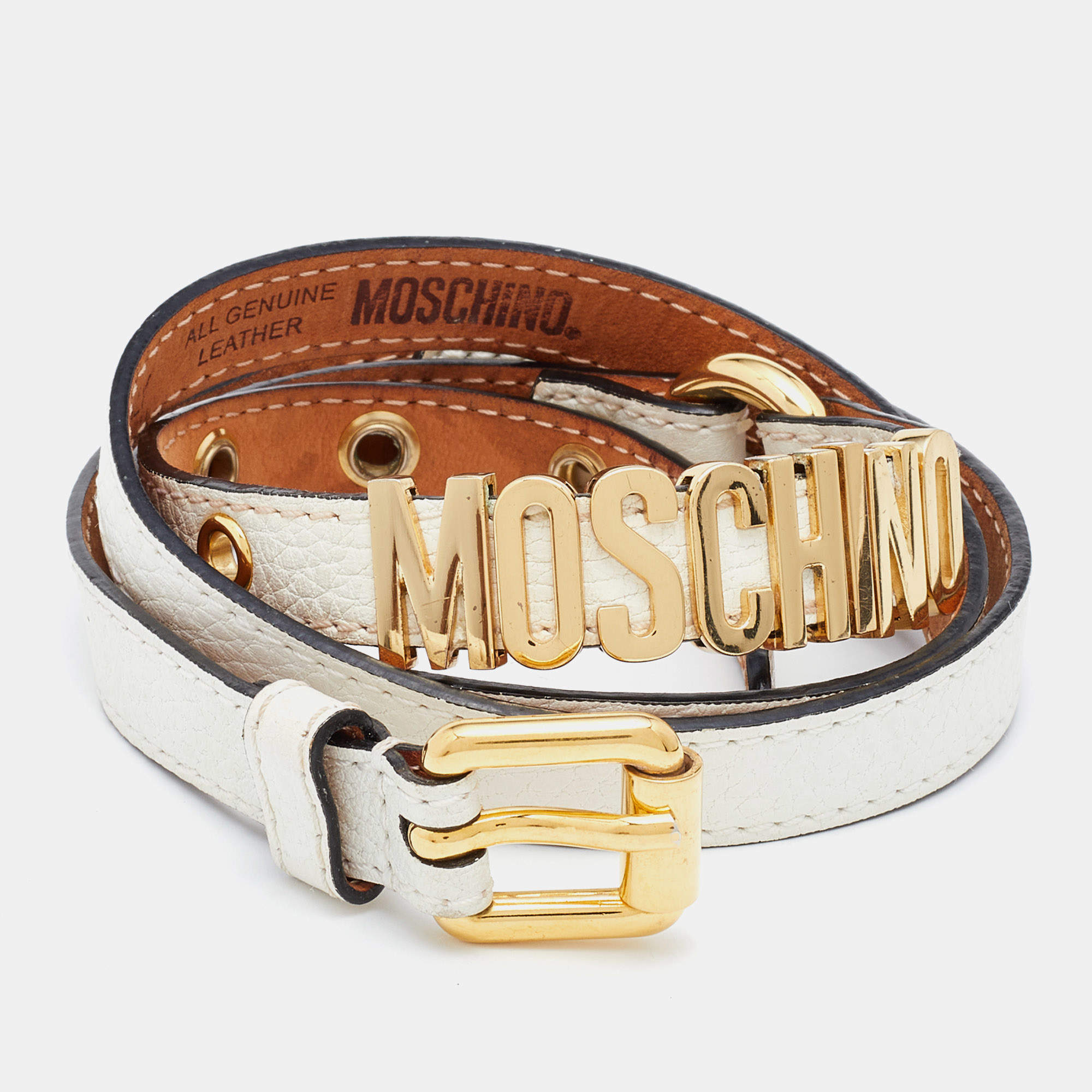 Pre Owned Moschino Off White Leather Logo Buckle Waist Belt 100CM