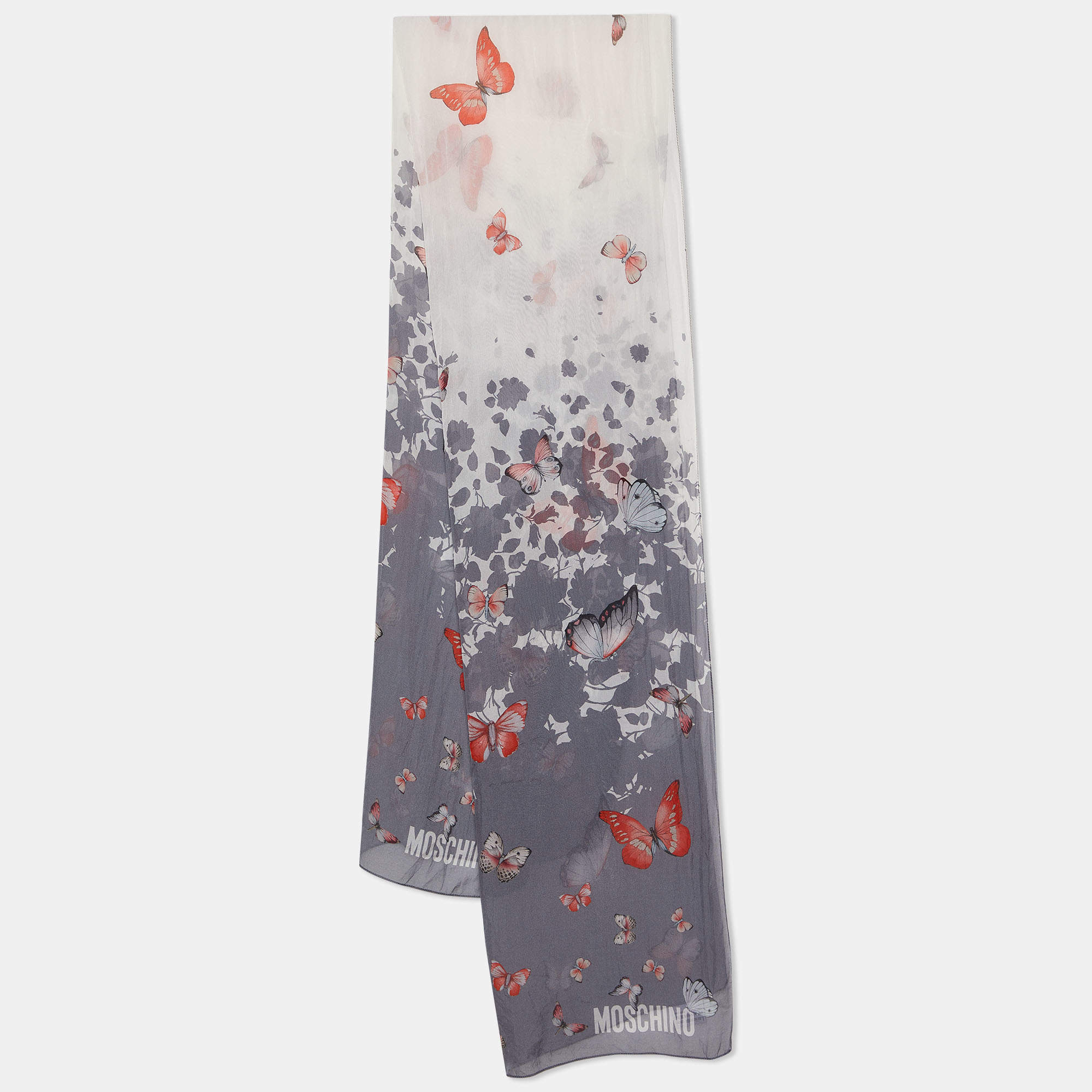 Pre Owned Moschino Grey & White Butterfly Printed Silk Scarf