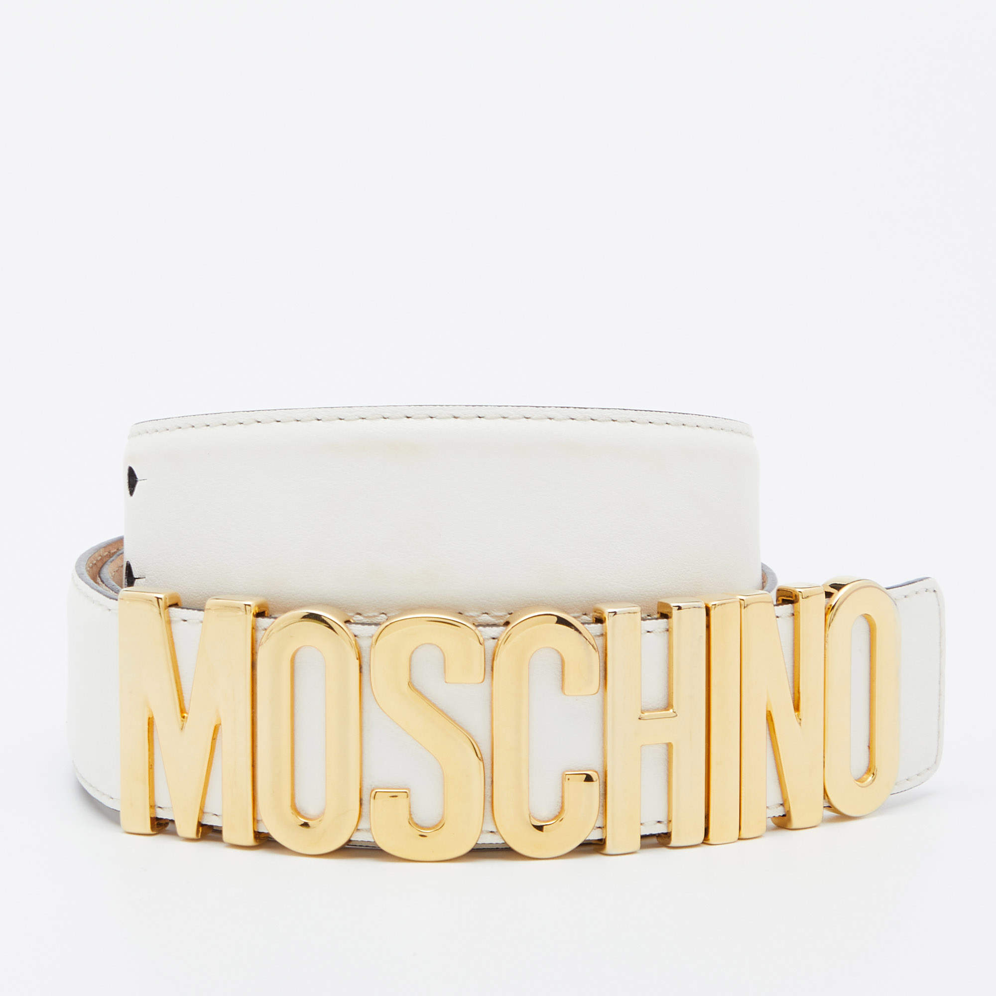 Pre Owned Moschino White Leather Classic Logo Waist Belt 
