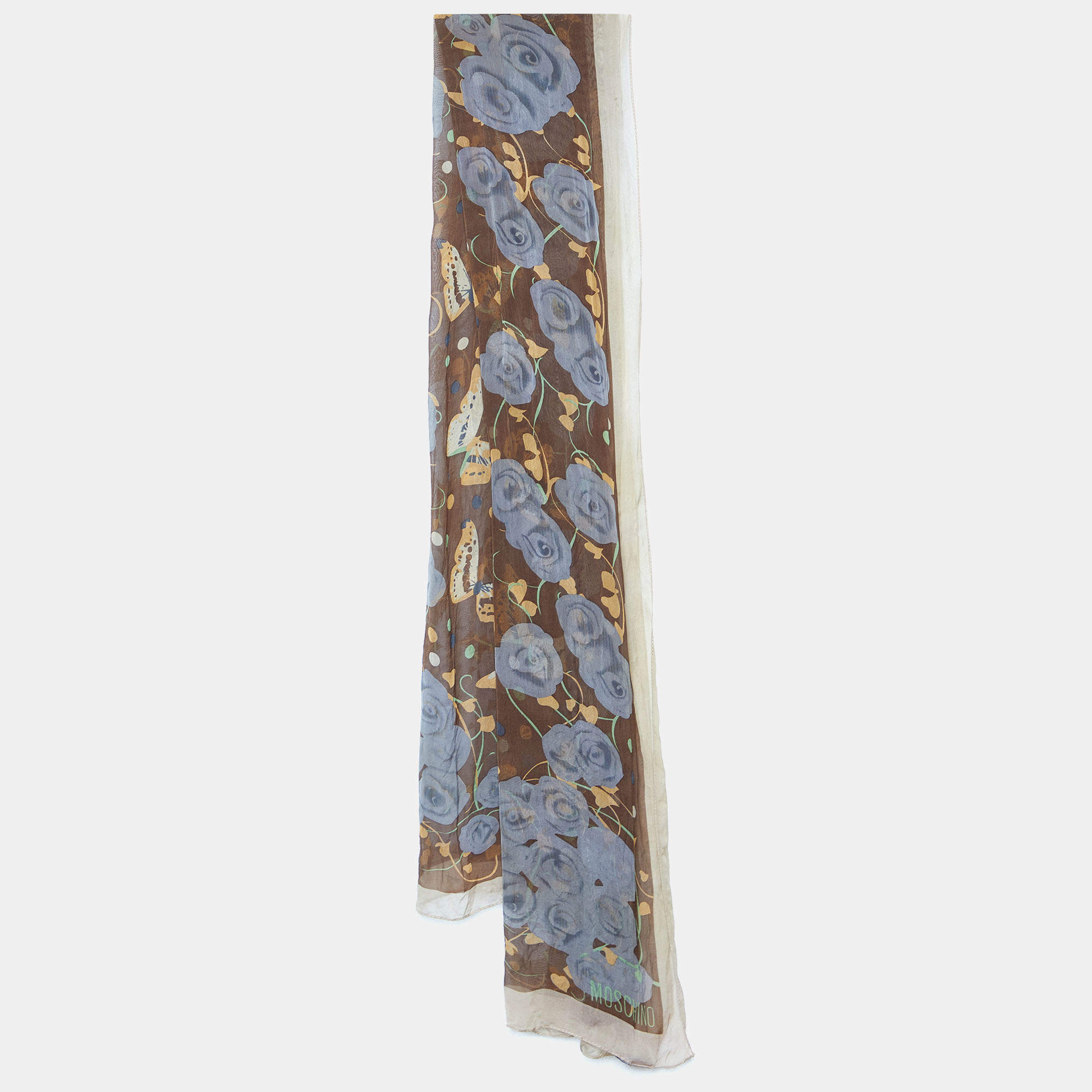 Pre Owned Moschino Brown Floral & Butterfly Printed Silk Stole 