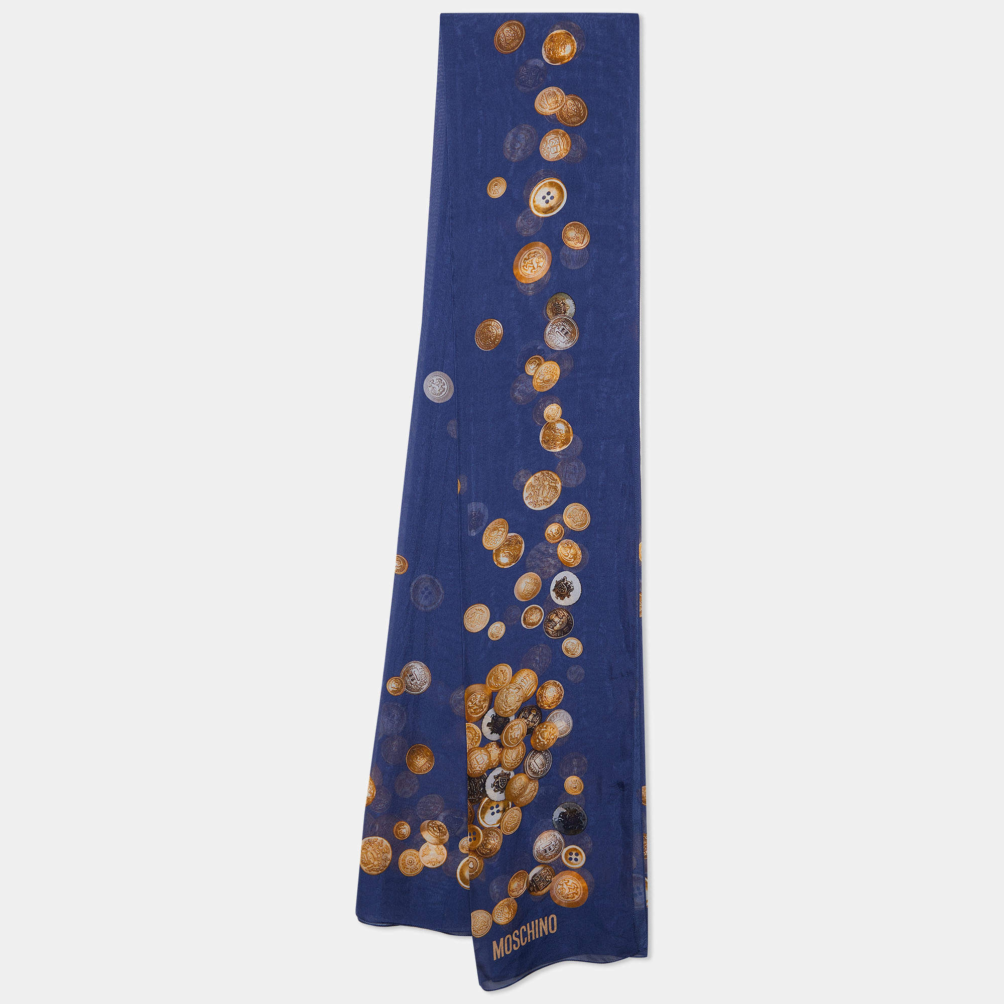 Pre Owned Moschino Navy Blue Coin Printed Silk Scarf