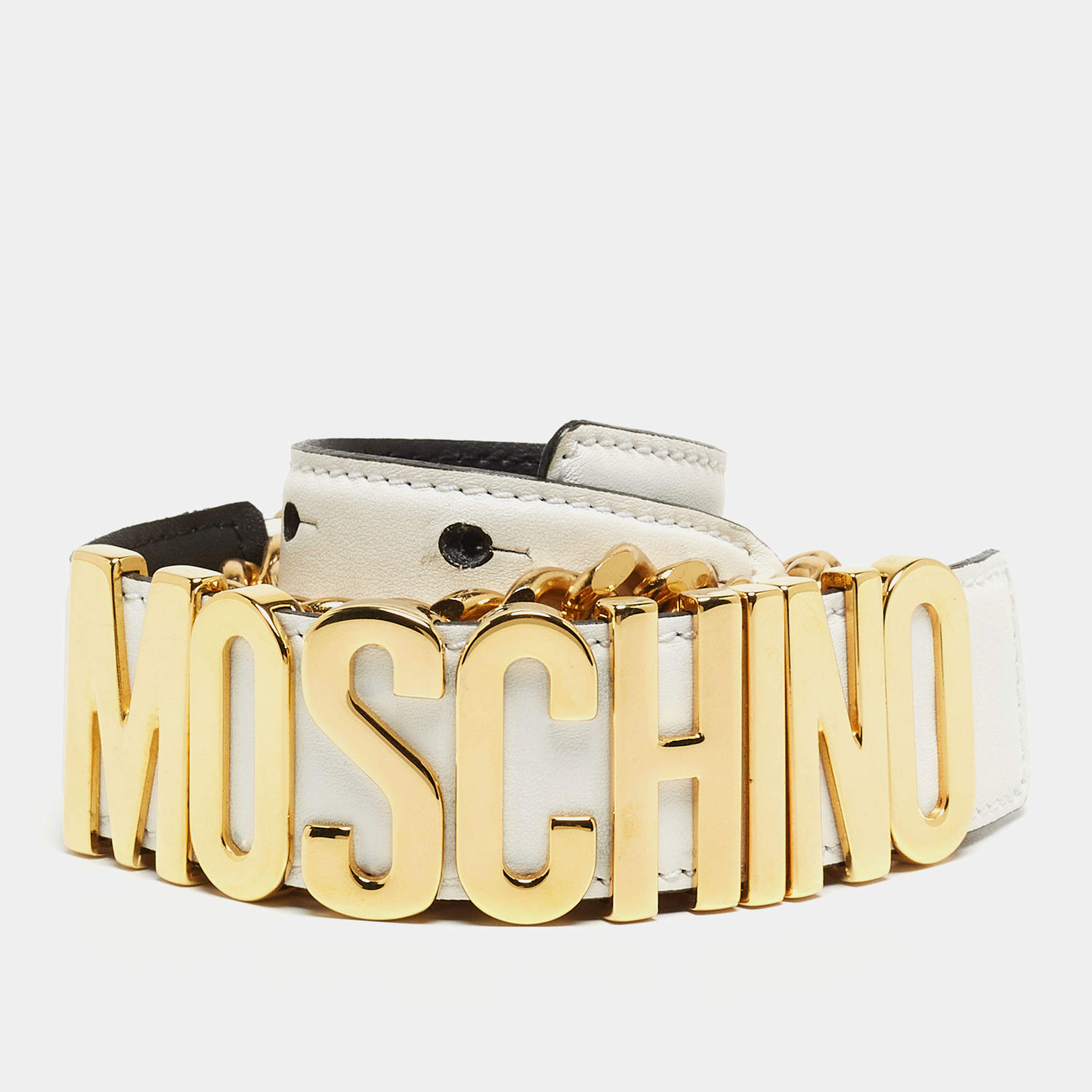 Pre Owned Moschino White Leather 30th Anniversary Chain Belt 100CM
