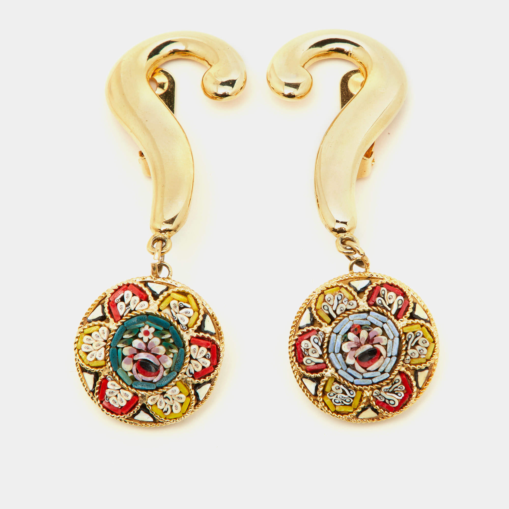 Pre Owned Moschino Gold Tone Metal & Multicolor Stone Clip On Drop Earrings