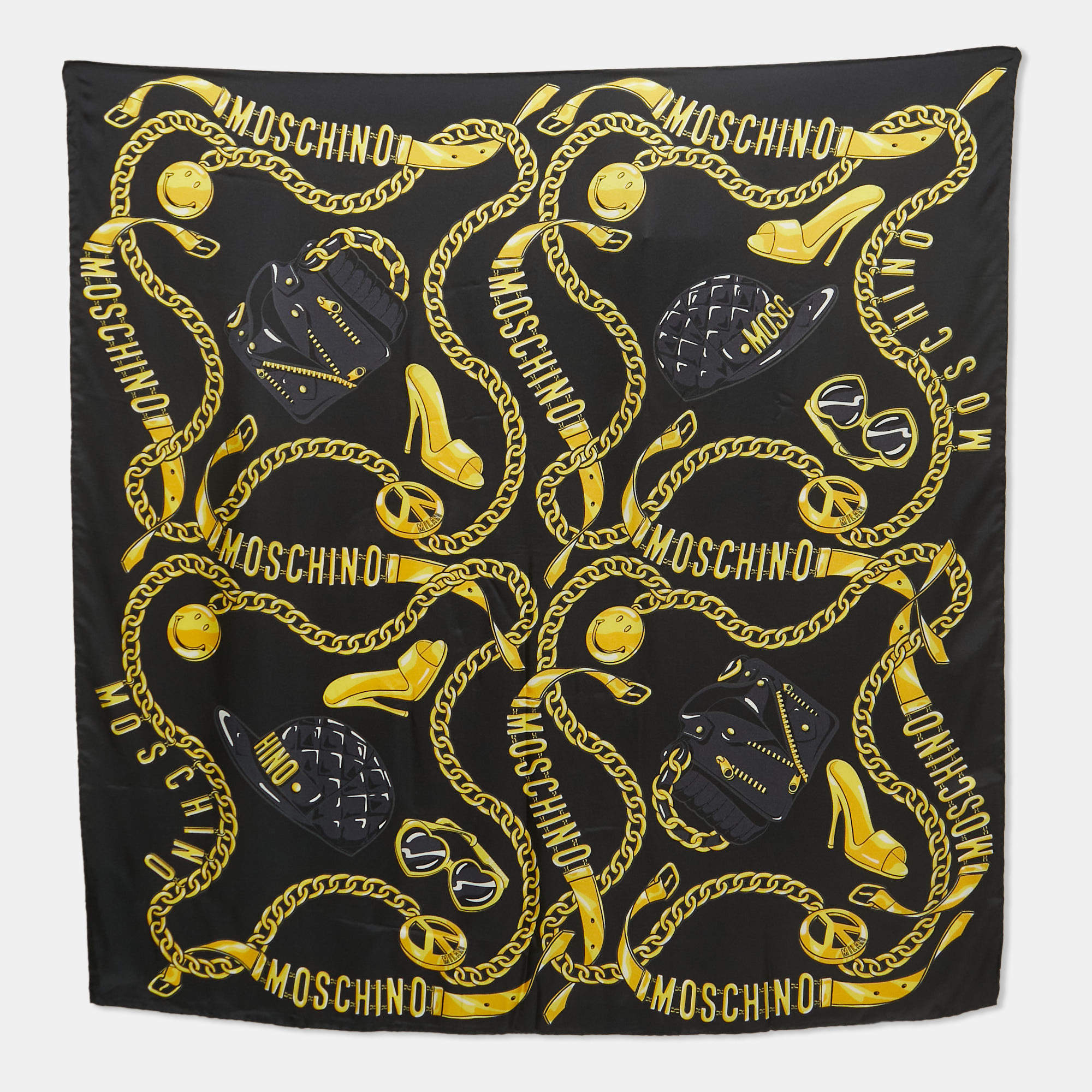 Moschino Black Chain Printed Silk Square Scarf