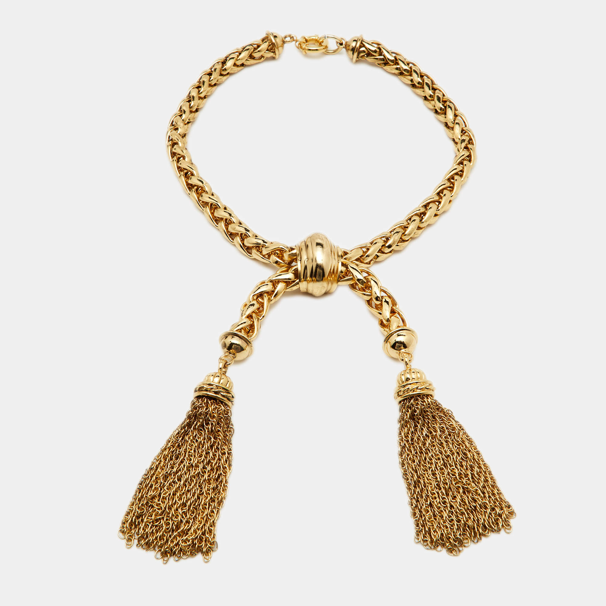 Pre Owned Moschino Gold Tone Braided Tassel Statement Necklace
