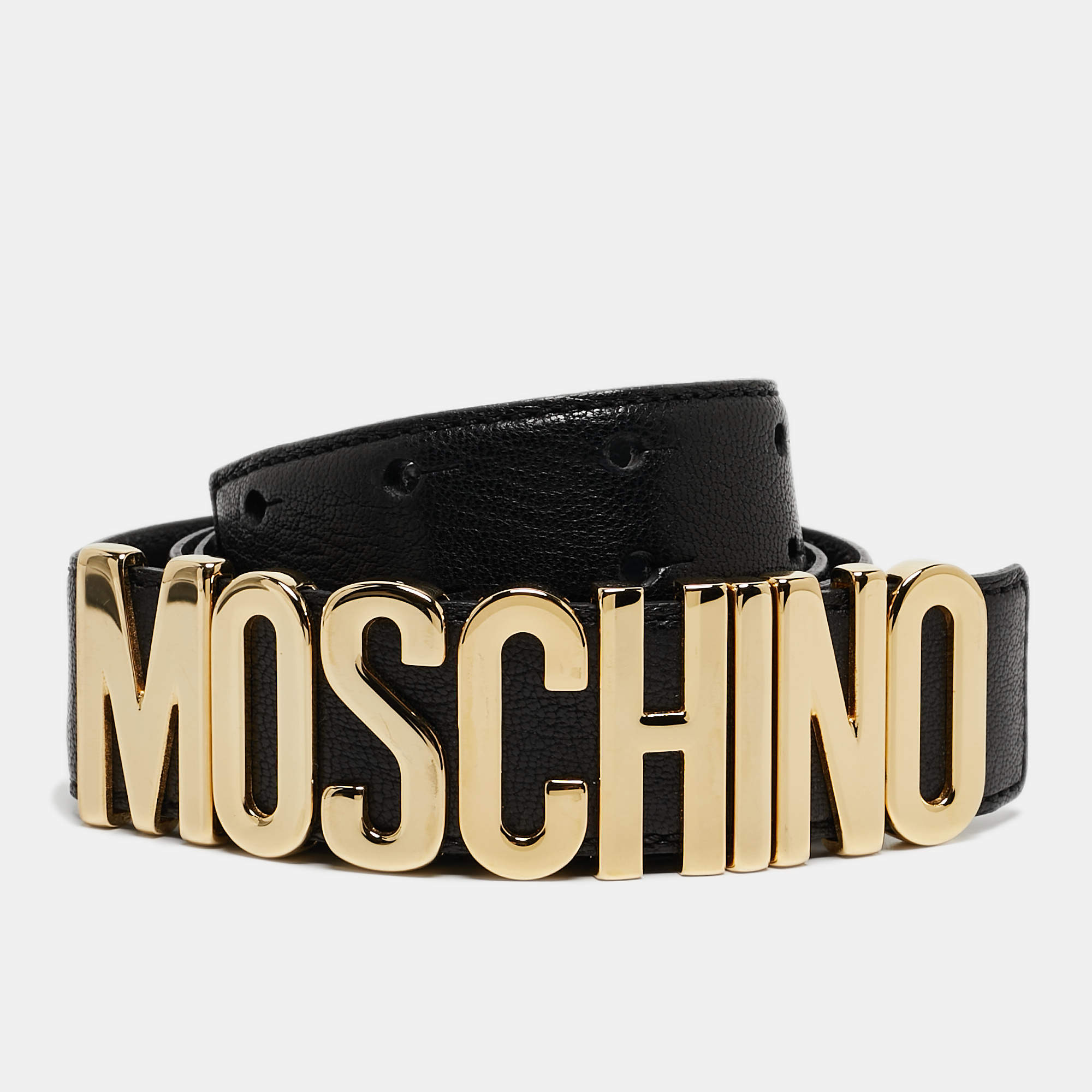 Pre Owned Moschino Black Leather Classic Logo Belt 100 CM
