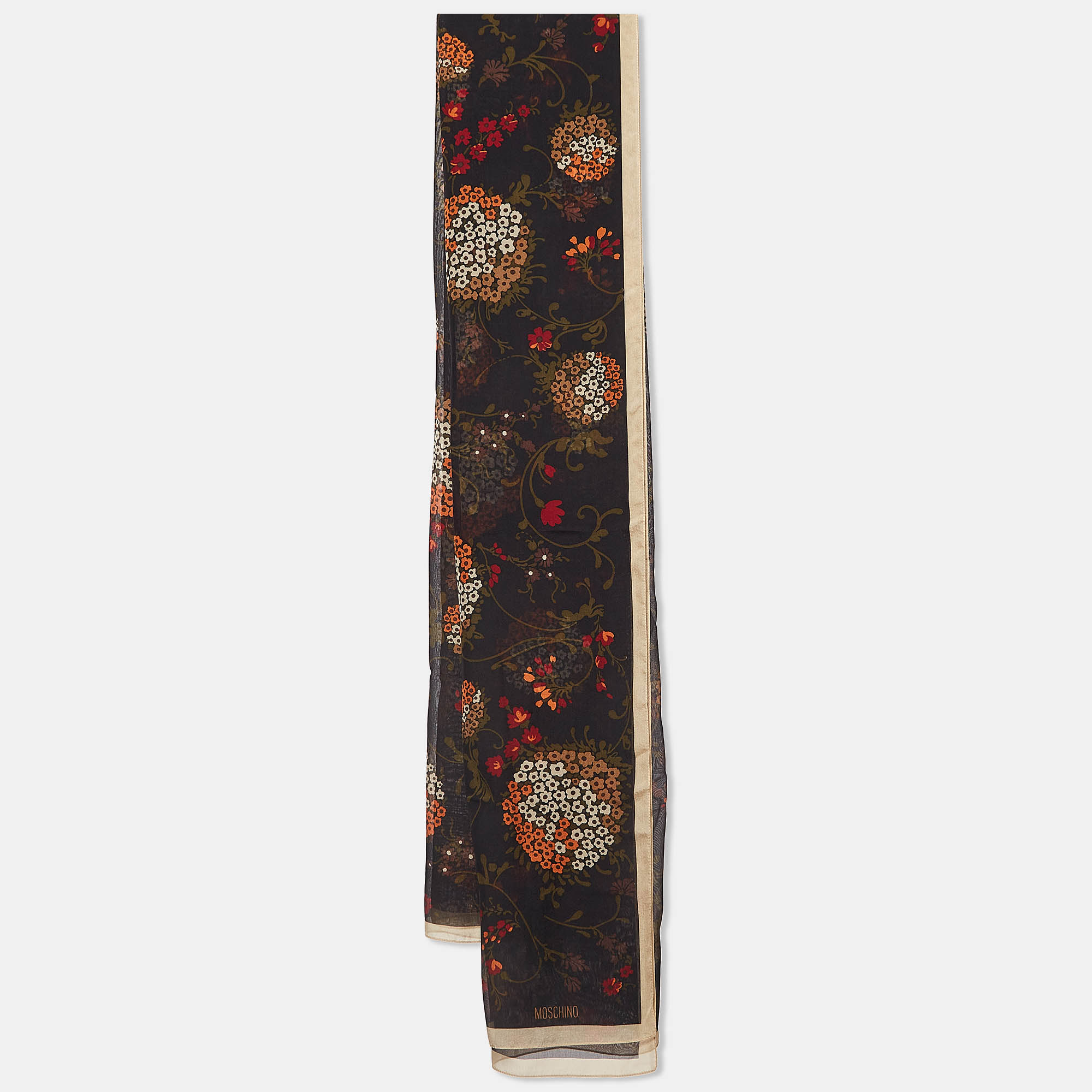Moschino Larioseta Black Floral Print Silk Scarf 