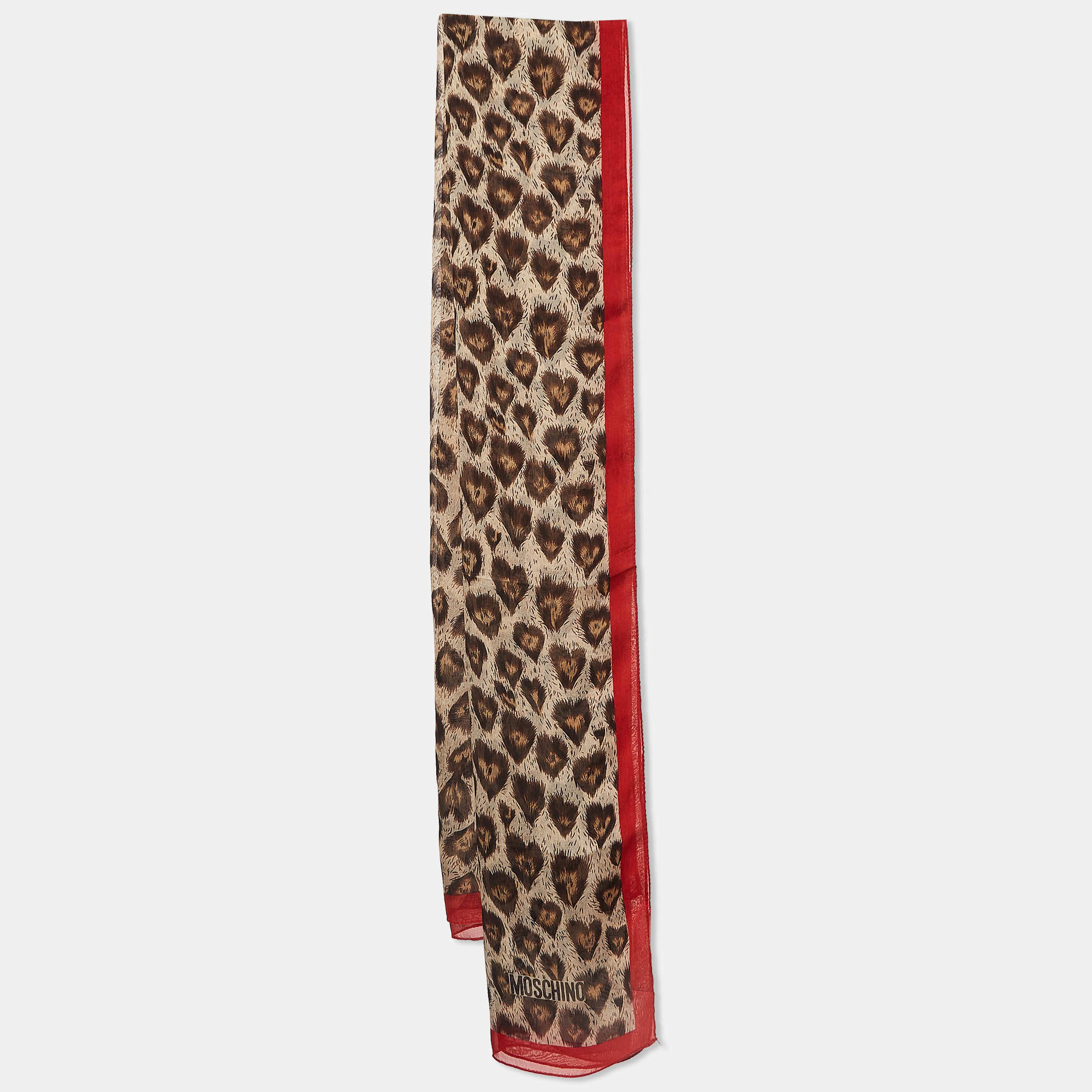 Pre Owned Moschino Larioseta Brown/Red Leopard Print Silk Scarf