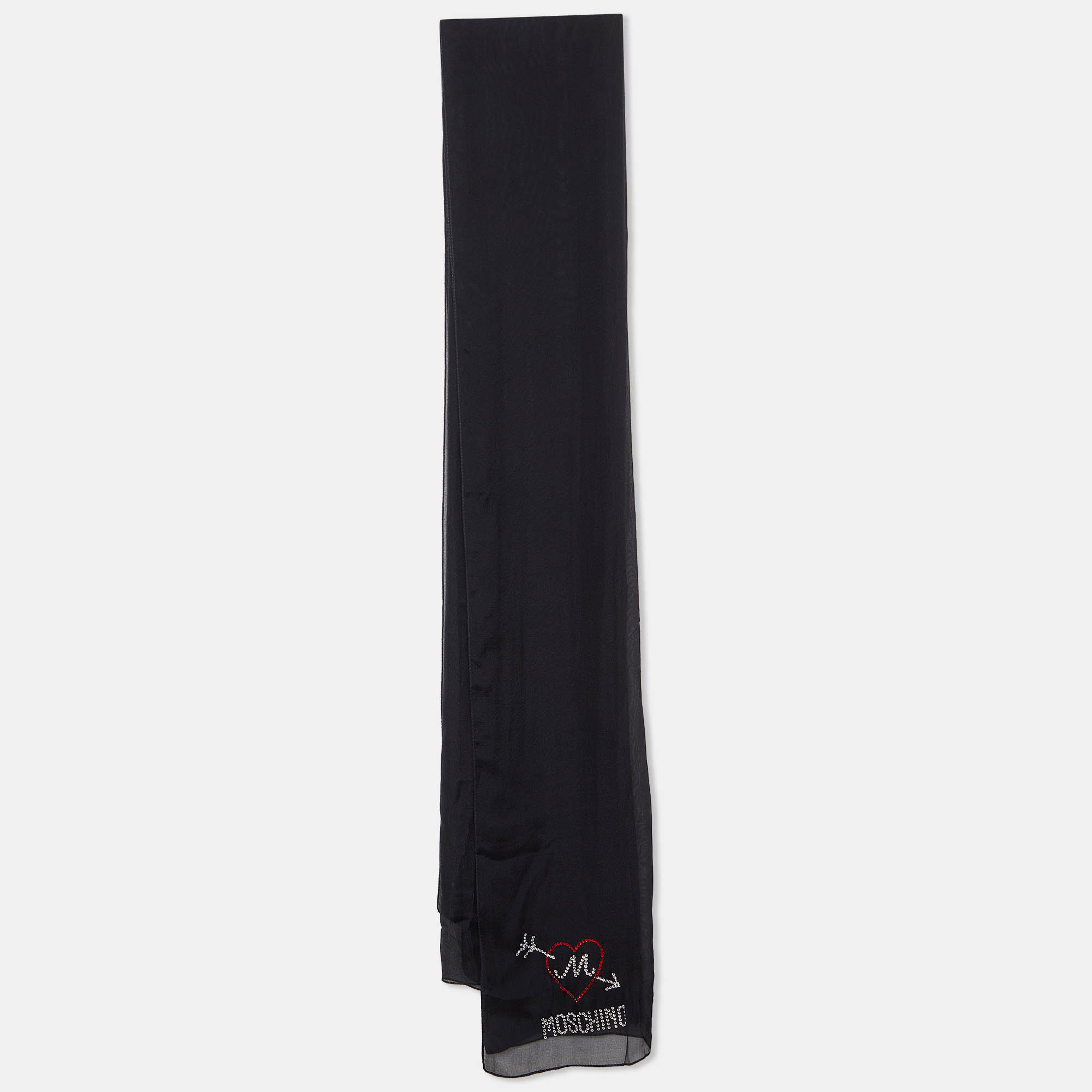 Moschino Black Logo Detail Silk Chiffon Stole