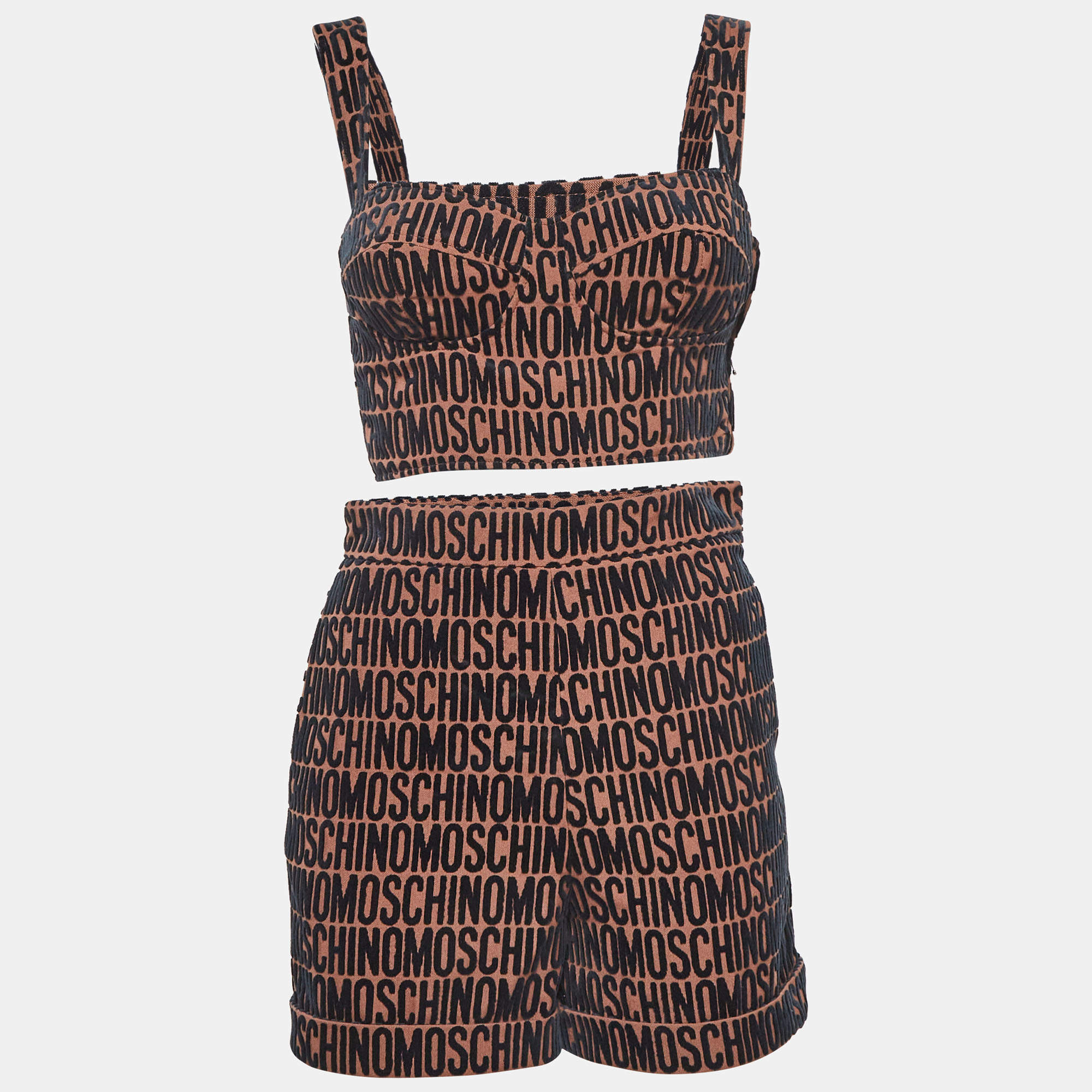 Moschino Brown Monogram Embossed Cotton Blend Shorts Set S