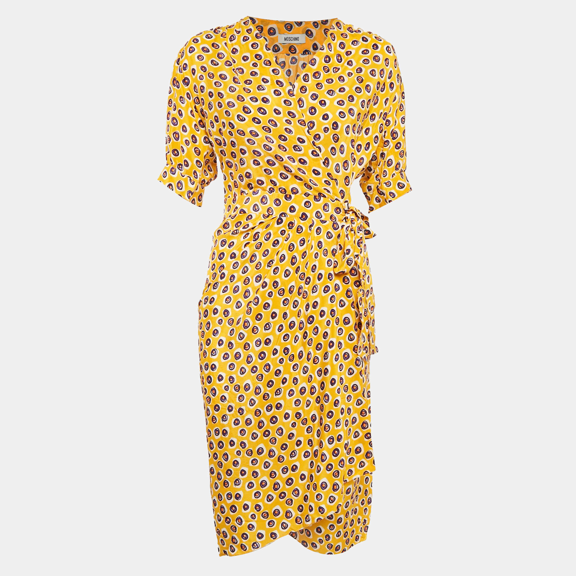 Pre Owned Moschino Yellow Printed Crepe Faux Wrap Midi Dress M