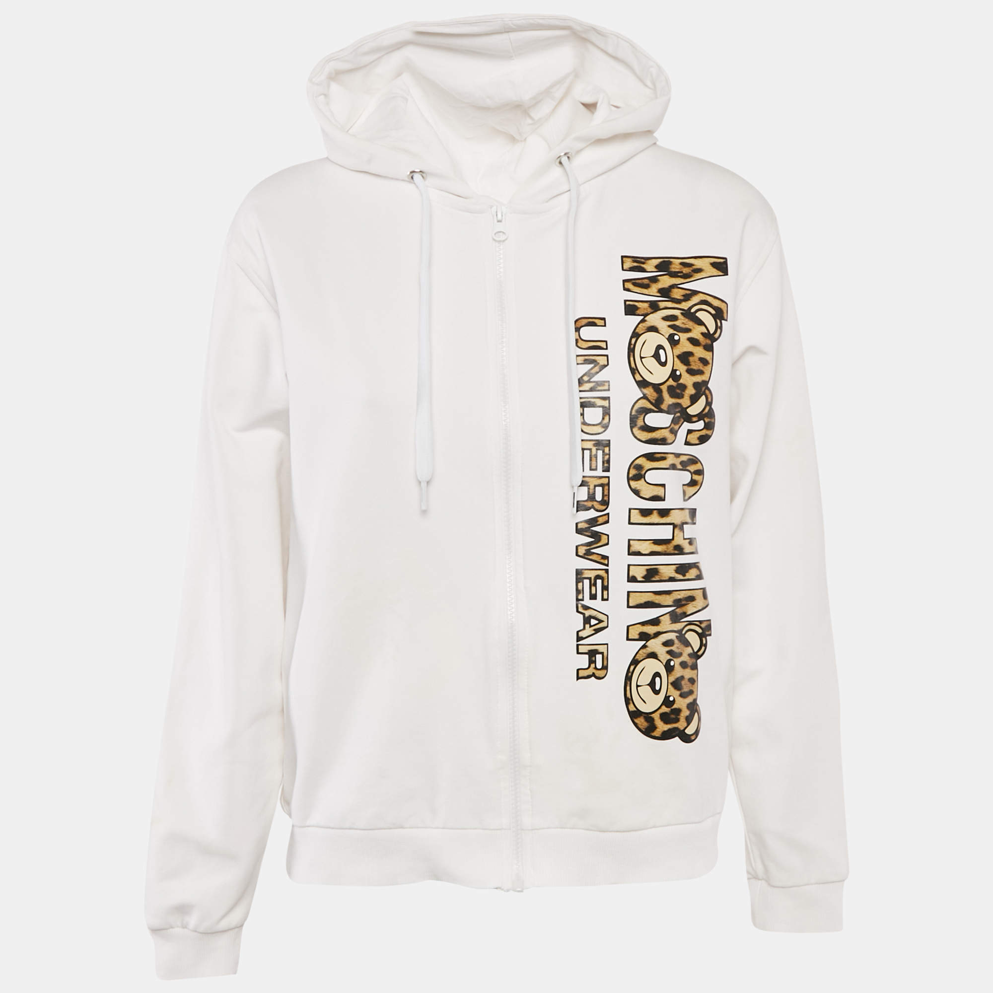 Pre Owned Moschino White Logo Print Cotton Knit Zip-Up Hoodie Jacket XL