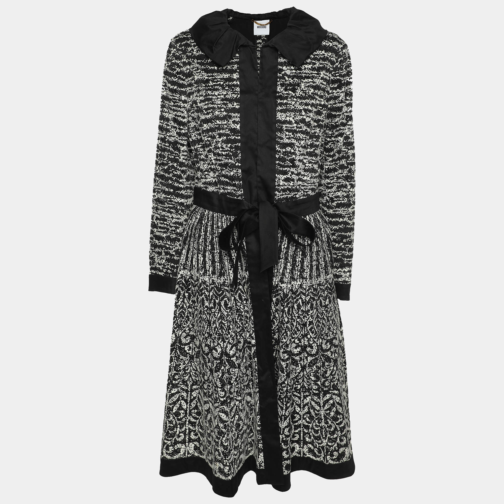 Pre Owned Moschino Black/White Lace Long-sleeved Midi Dress L 