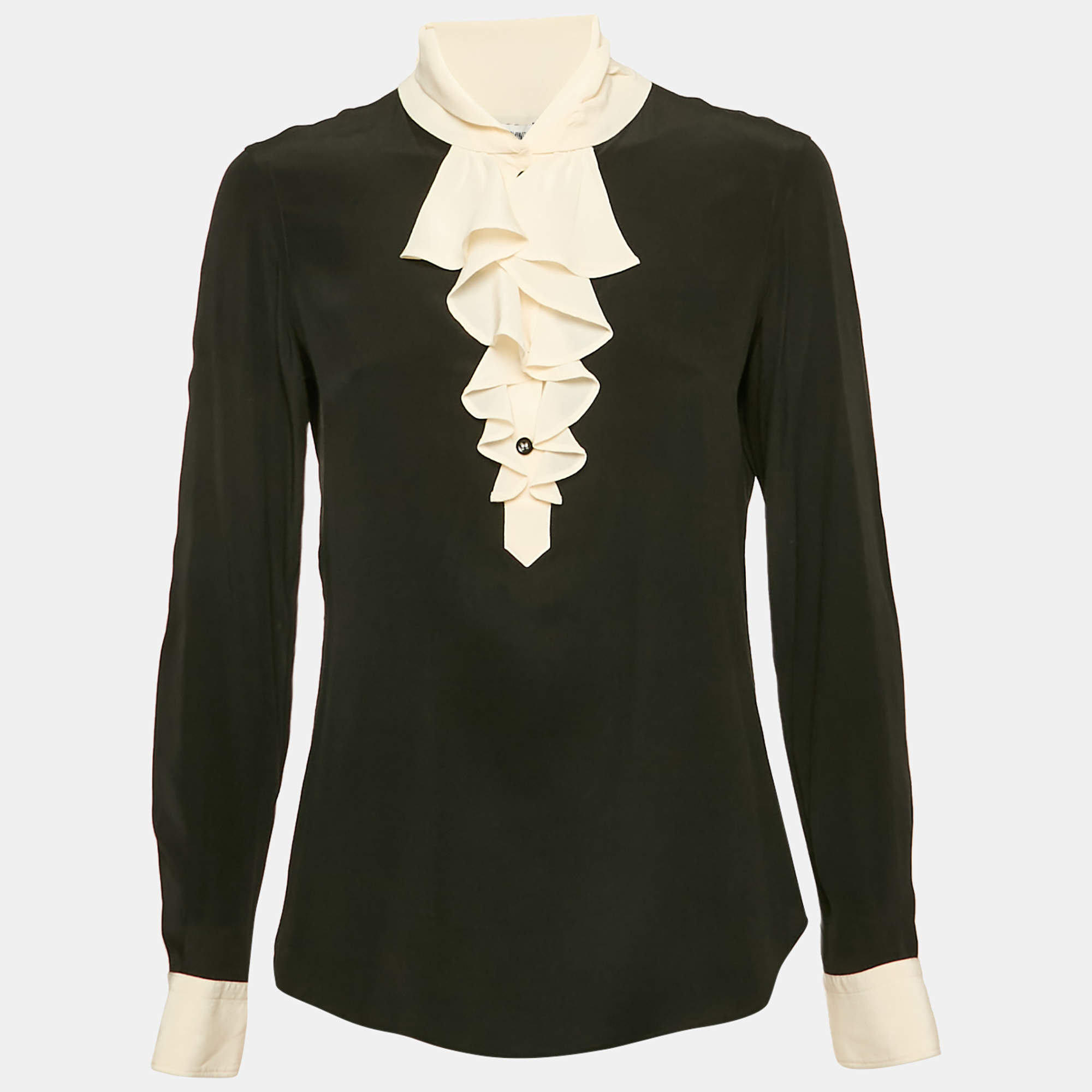 Pre Owned Moschino Black Silk Ruffled Long Sleeve Blouse M