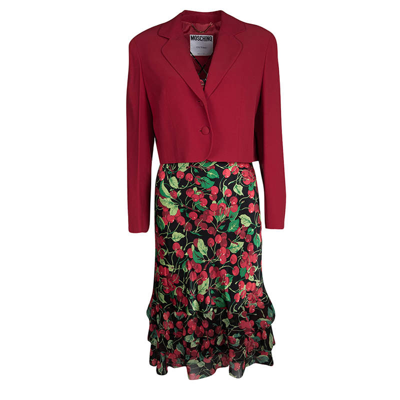 Pre Owned Moschino Couture Multicolor Cherry Print Bottom Ruffle Detail Dress and Blazer Set M