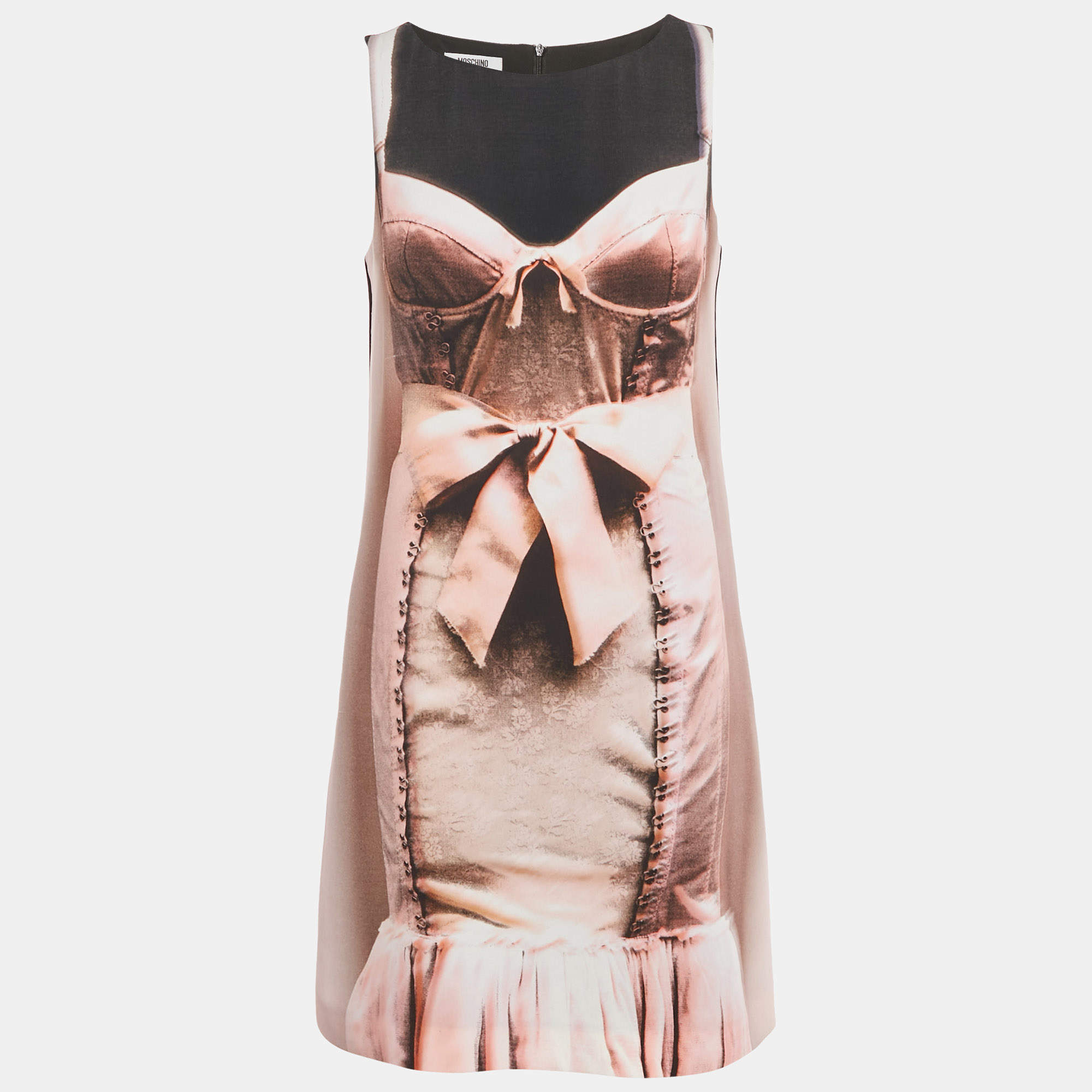 Pre Owned Moschino Cheap and Chic Black Corset Print Crepe Mini Shift Dress S