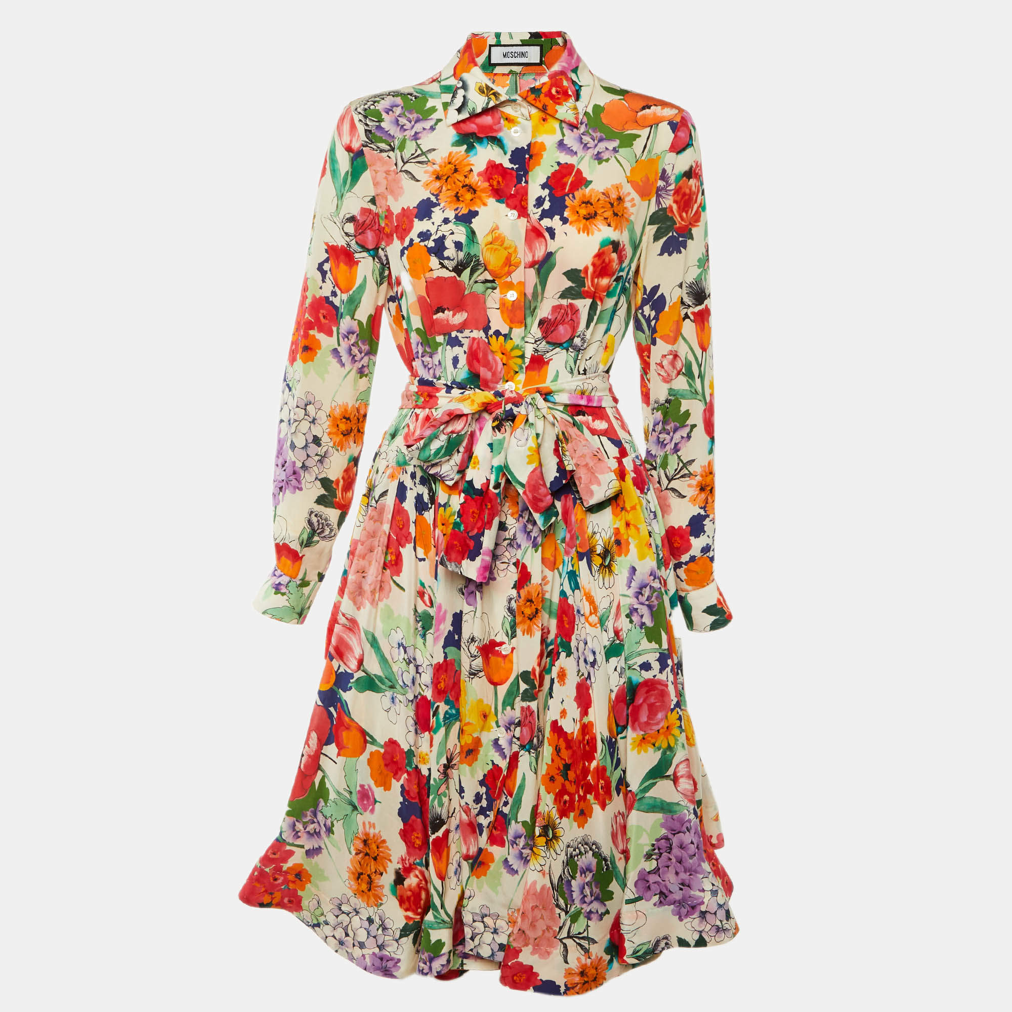 Pre Owned Moschino Multicolor Floral Print Silk Button Front Flared Dress M