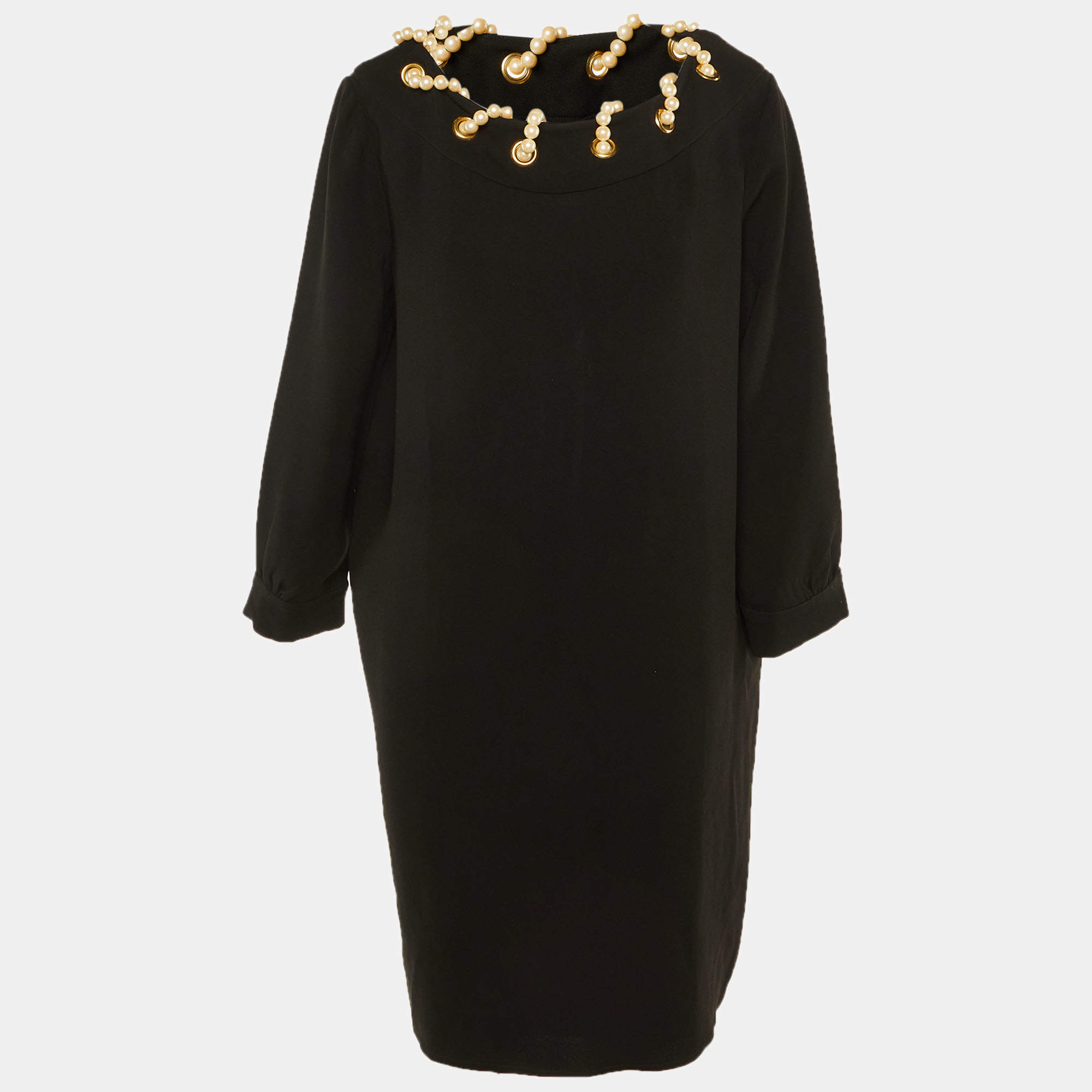 Pre Owned Moschino Black Crepe Pearl Detail Short Dress L