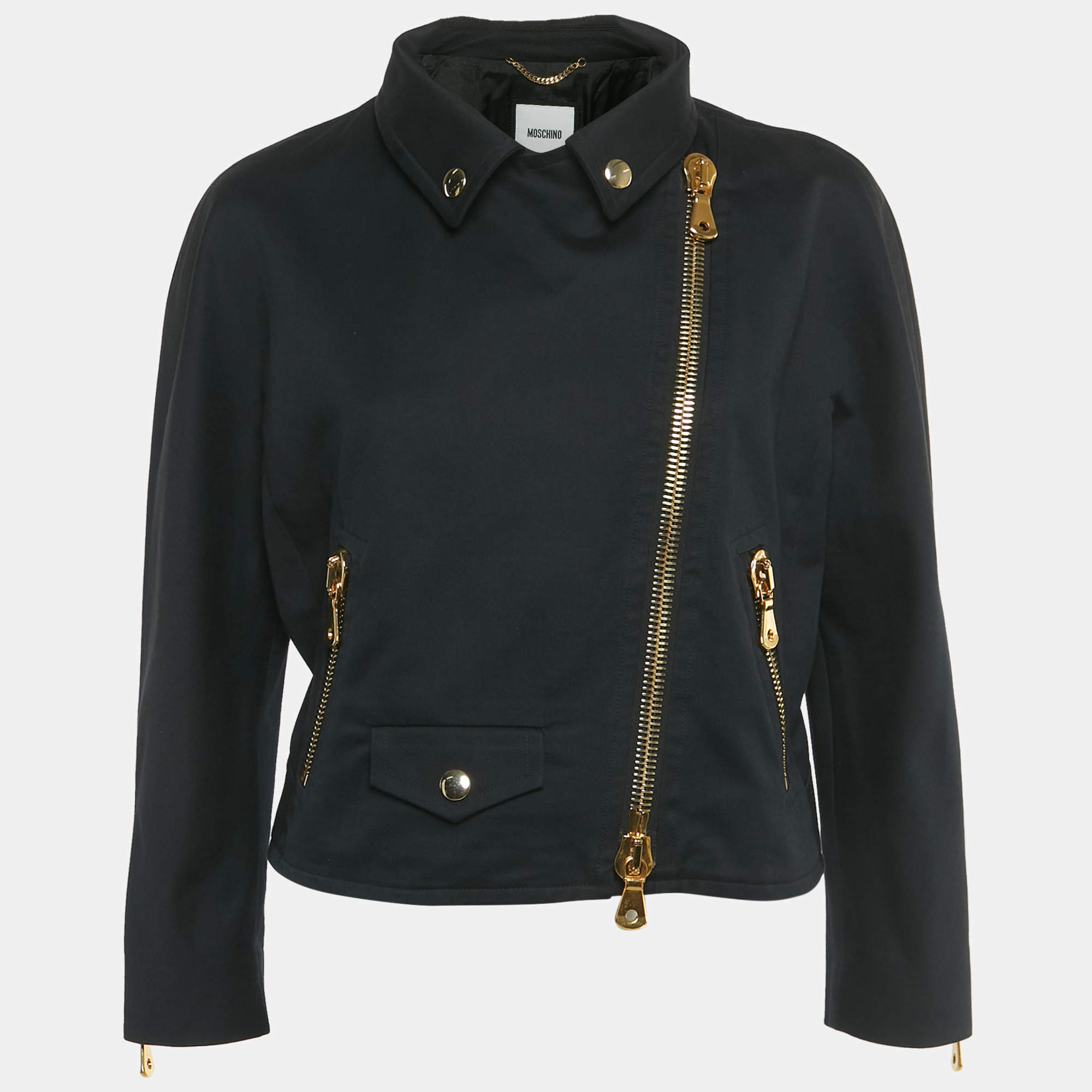 Pre Owned Moschino Black Cotton Biker Jacket L