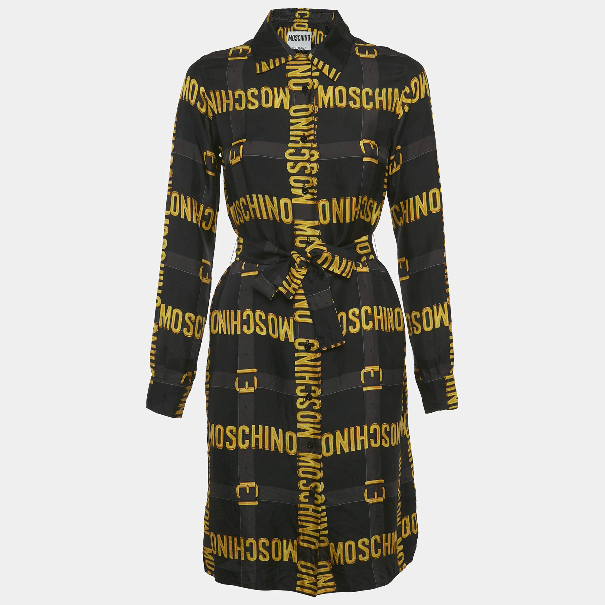 مملوكة مسبقًا Moschino Couture Black Logo Printed Silk Belted Shirt Dress S