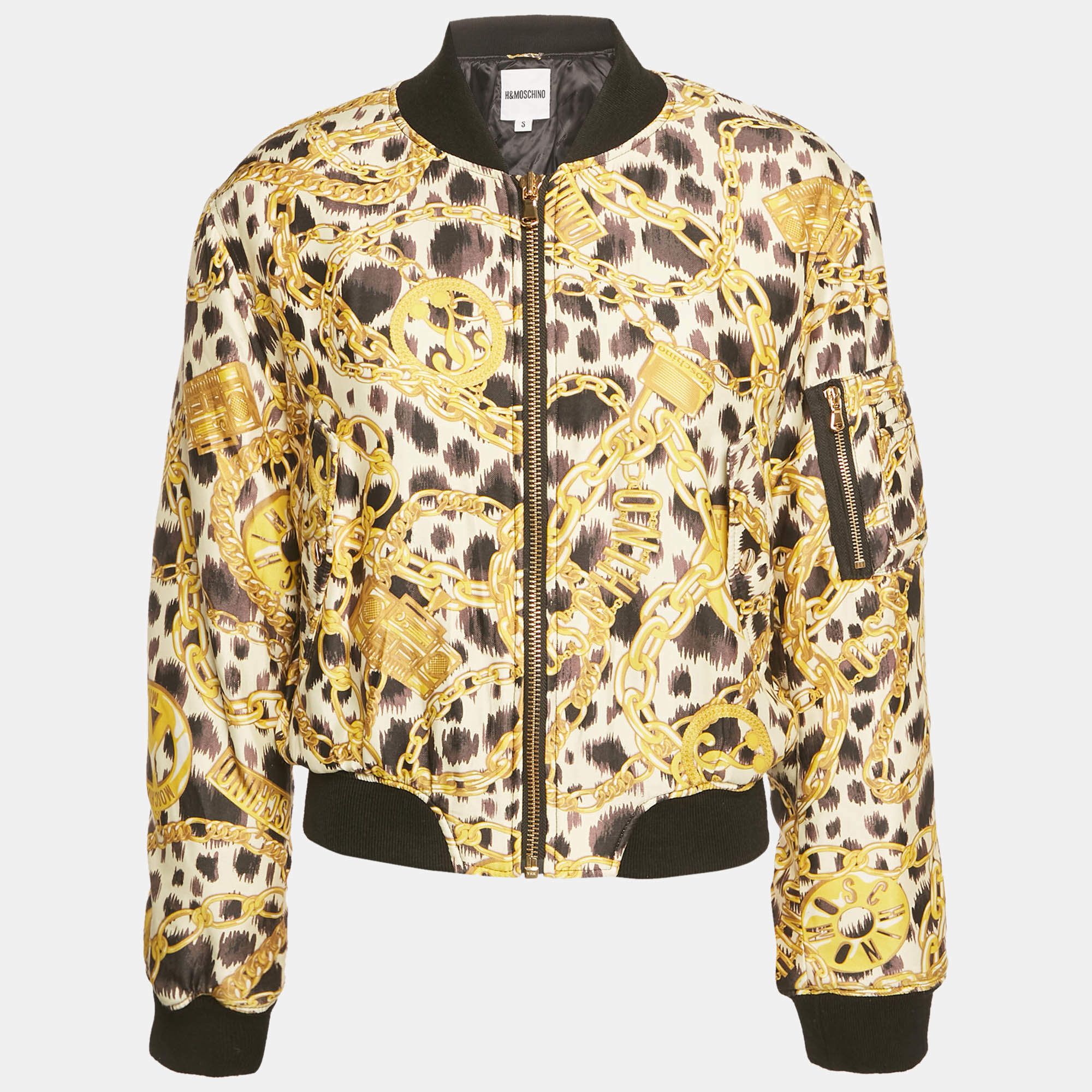 Pre Owned جاكيت موسكينو إكس إتش آند إم أصفر/أسود مطبوع نايلون بسحاب صغير
