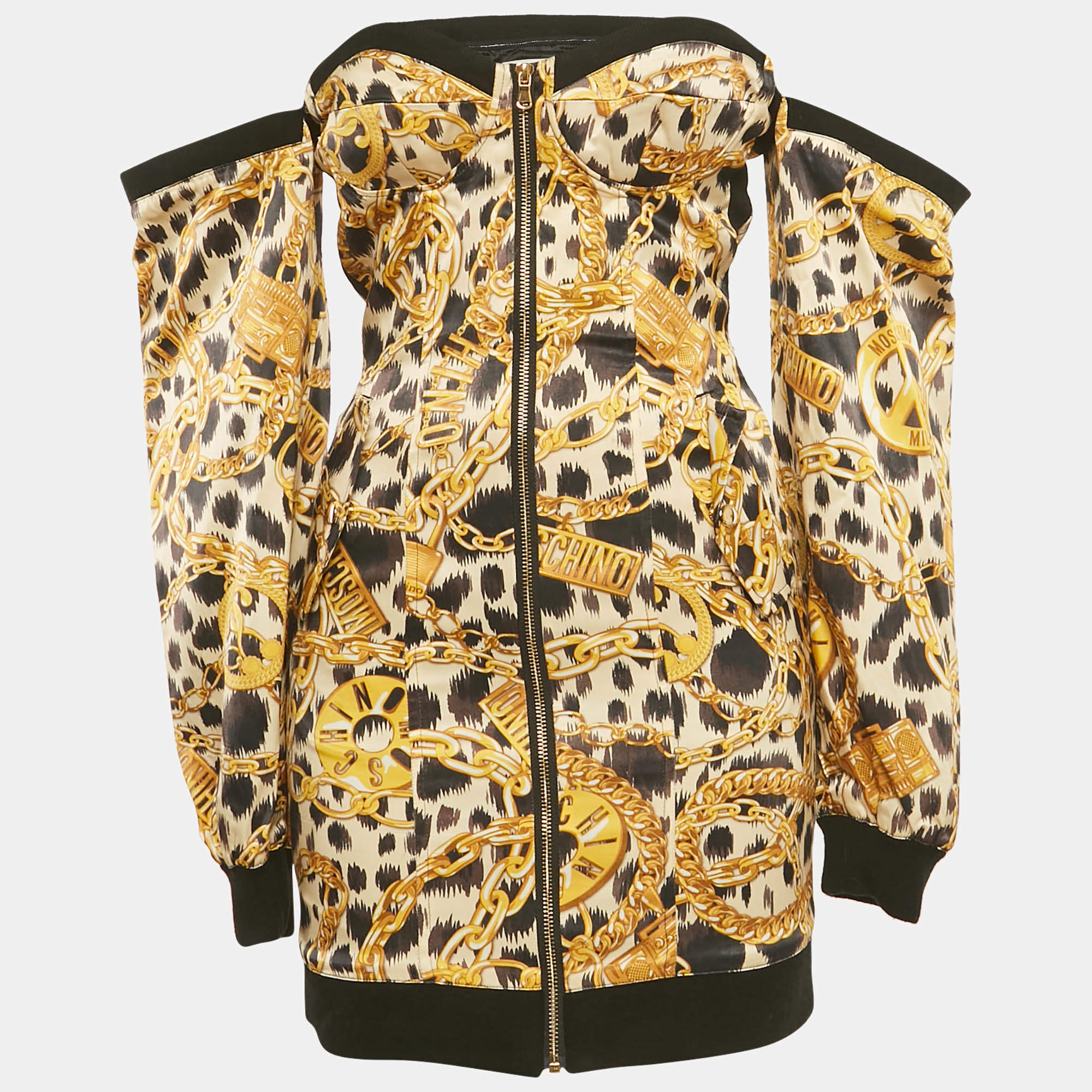 Pre Owned فستان موسكينو x إتش آند إم أصفر ساتان مطبوع بأكتاف مكشوفة ميني مقاس صغير جدًا (إكس سمول)