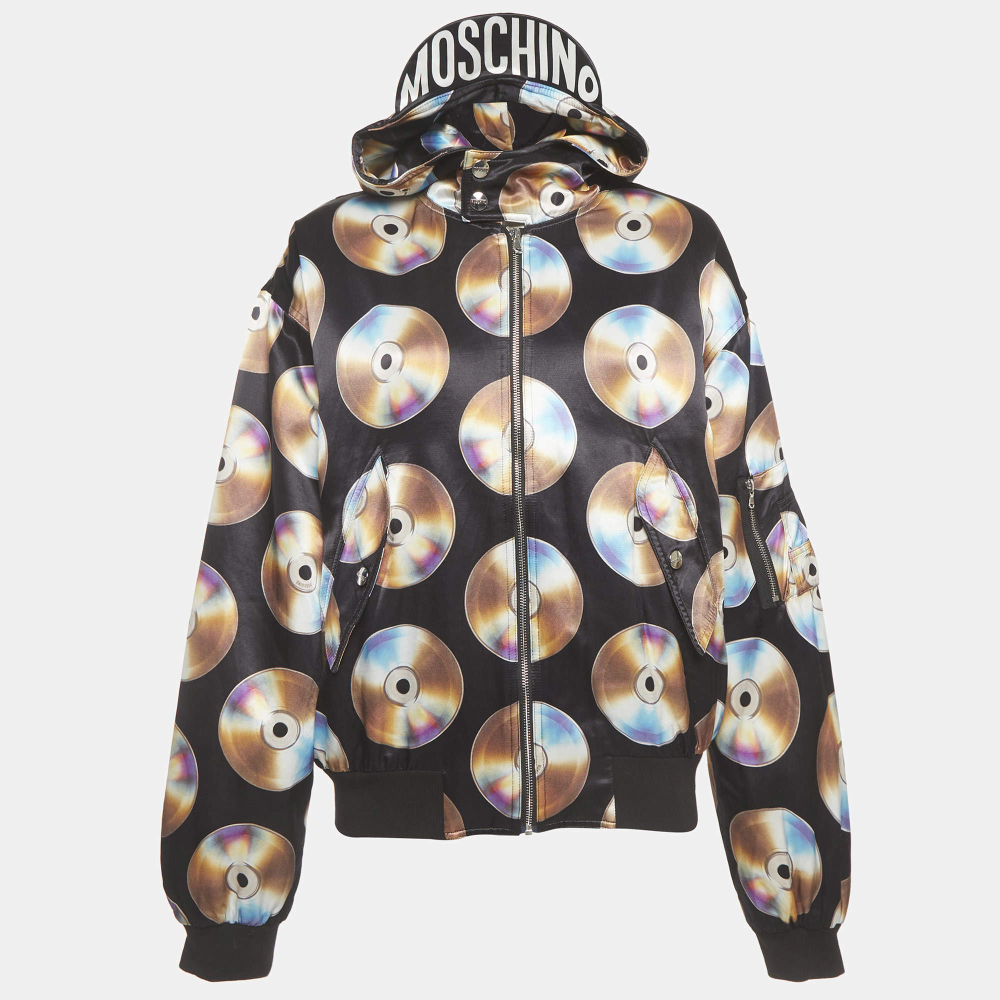 Pre Owned Moschino x H&M Black Disc Printed Cotton Knit Hooded Sweatshirt M