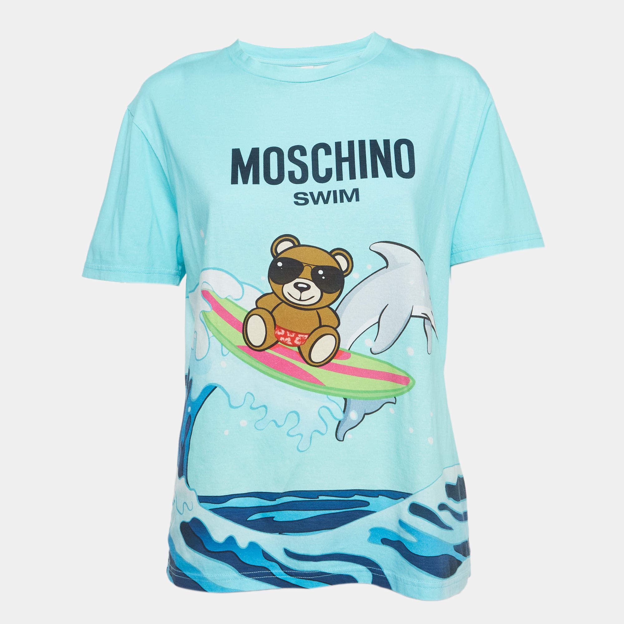 Pre Owned Moschino Swim Blue Gradient Teddy and Shark Print Jersey T-Shirt S
