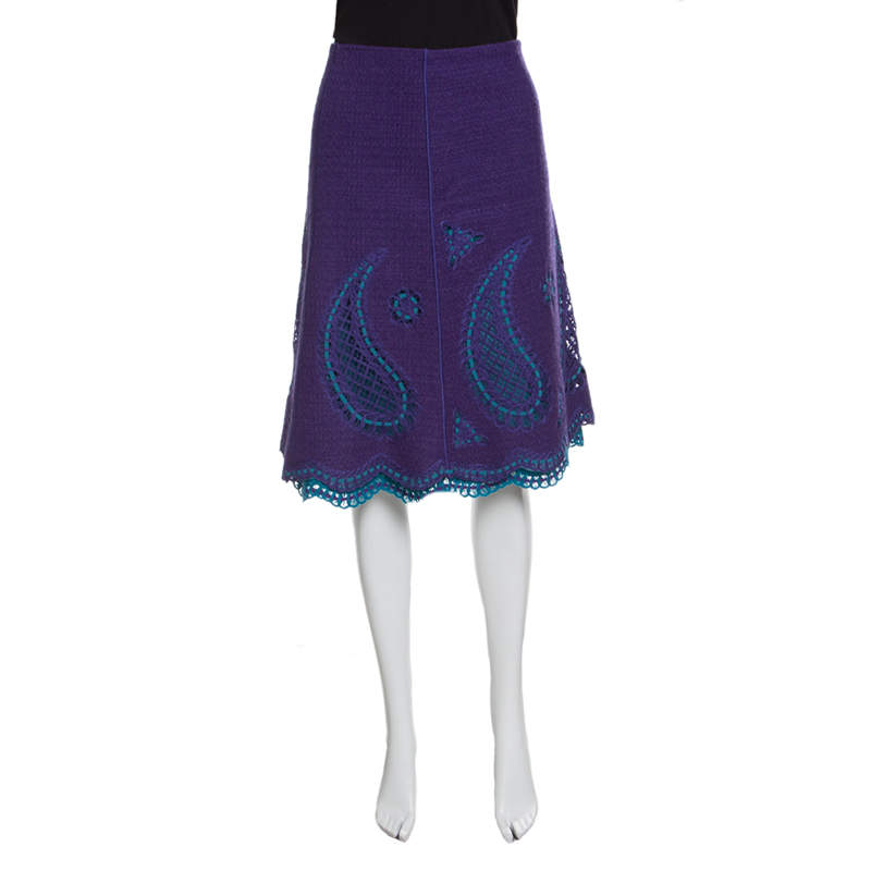 Moschino Purple Wool Cutout Paisley and Floral Motif Detail Skirt M