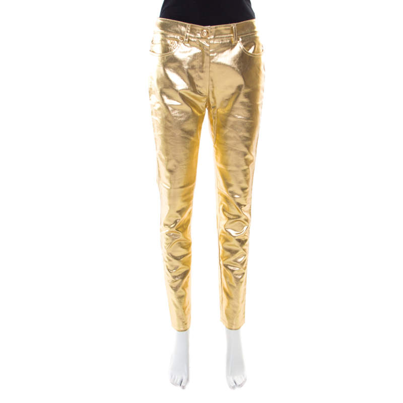 Pre Owned Moschino Couture Metallic Gold Cotton Stretch Tapered Jeans M