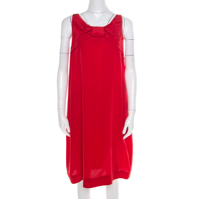 Pre Owned Moschino Red Silk Crepe Bow Detail Sleeveless Dress L